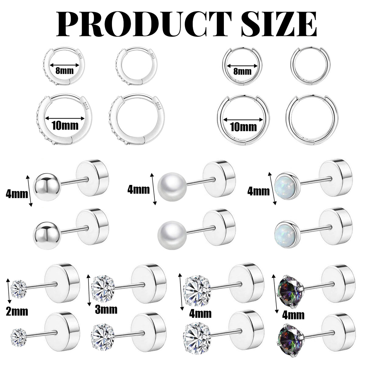 11 Pairs Surgical Steel Hoop and Flat Back Earrings Set, Piercing Cartilage Stainless Steel Titanium Stud Earrings for Women Men Adult (Silver)