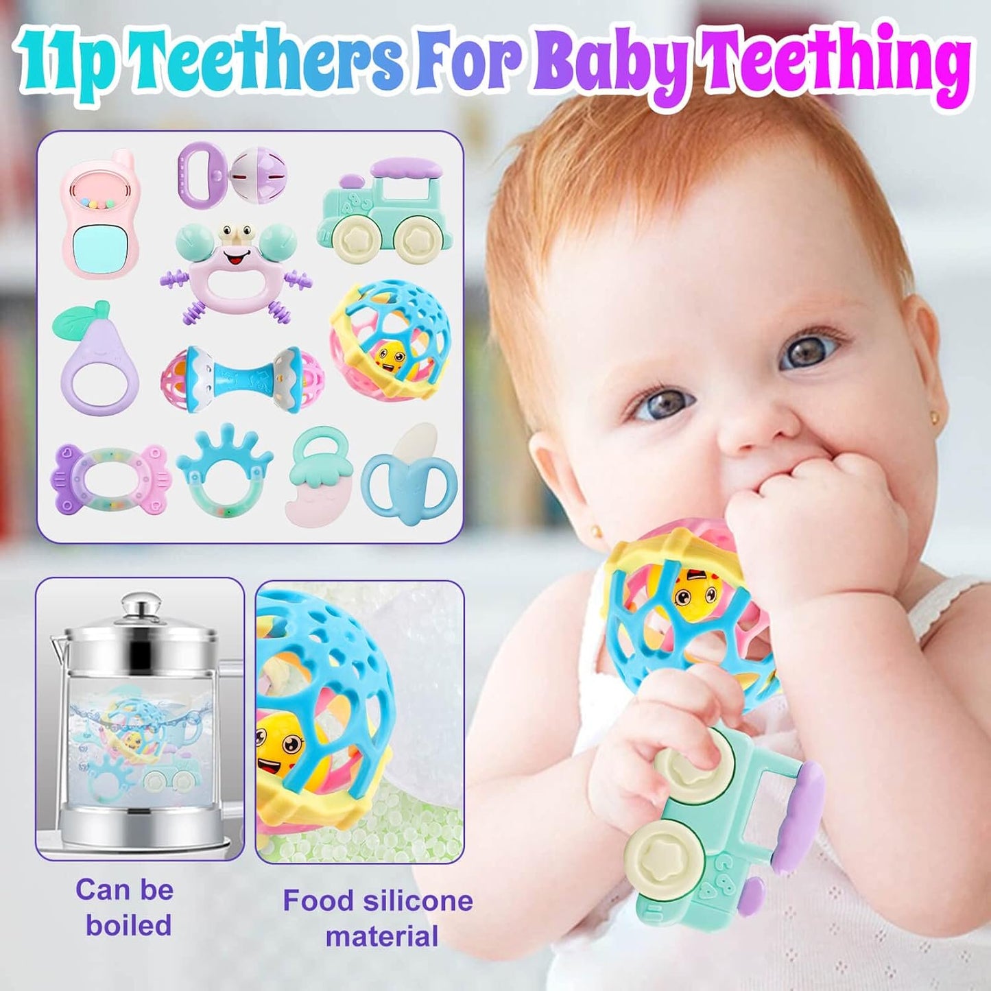 Baby Toys 6-12 Months - 15 PCS Teether Rattle Sensory Toy for 3-6 Month Baby Boy Girl Christmas Gifts Wrist Socks for Baby Shower Gift