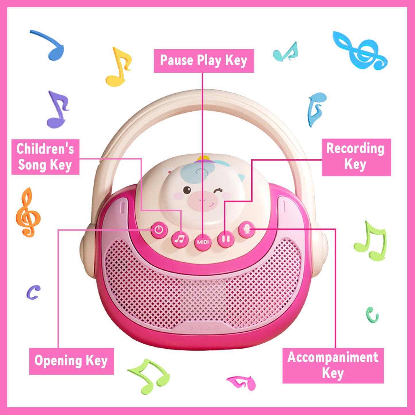 Kids Music Player with LED Lights & Recording, Singing, Stories- Musical Toys for Toddlers 1-3-5, Baby Learning Toys for 1 Year Old Birthday Gifts for 1 2 3 Year Old Girls Boys