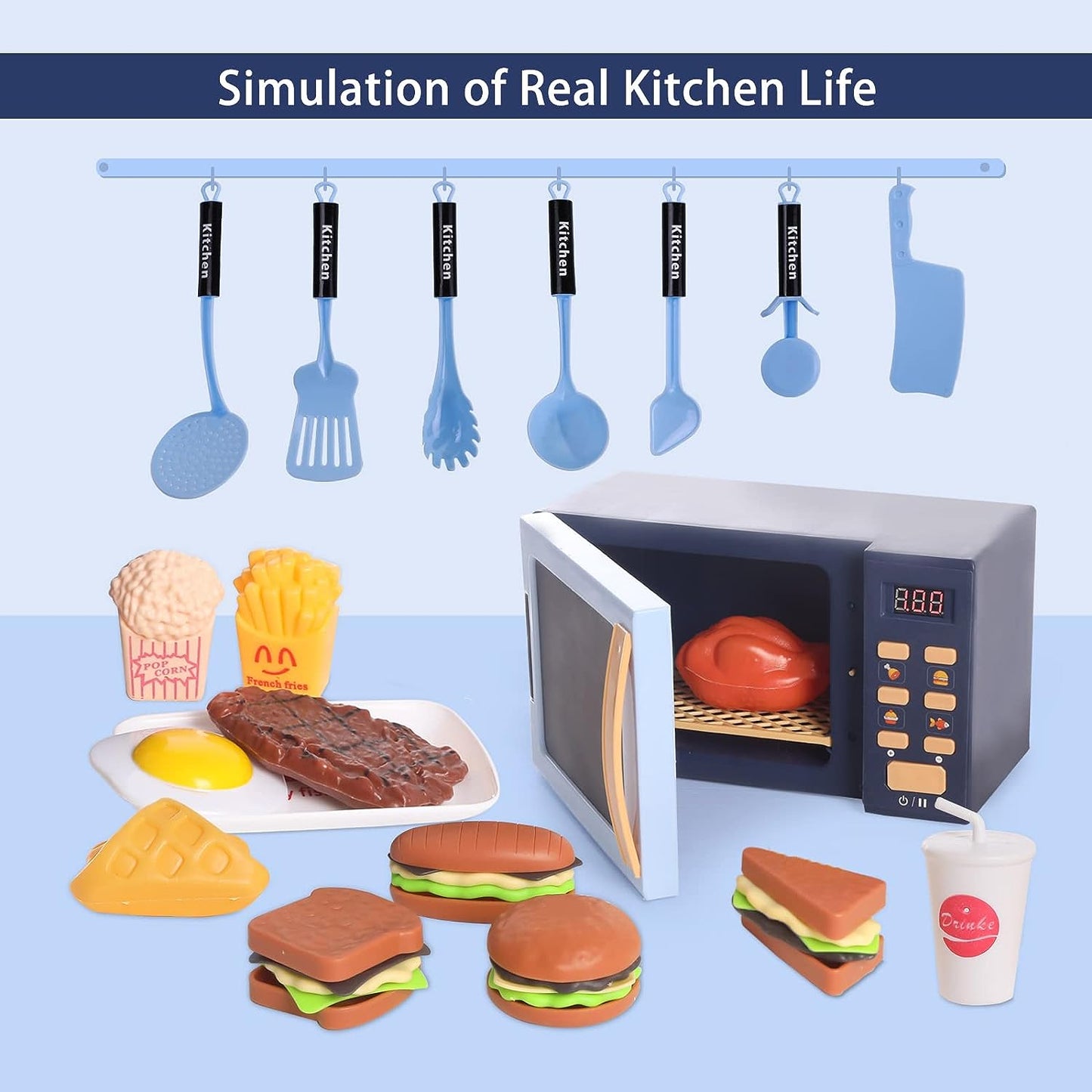 Style-Carry Kids Microwave Toy, Toy Kitchen Appliances, Play Kitchen Accessories and Play Food for Toddlers 3-8 Year Old Girls Boys (Blue)