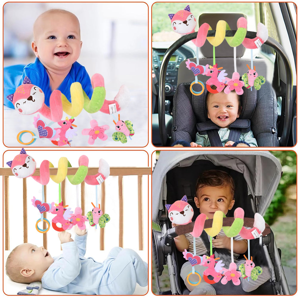 Baby Car Seat Toys, Stroller Toys, Car Seat Toys for Infants 0-6 Months, with Musical Owl Rattle Sheep Beep Ladybug Squeaker