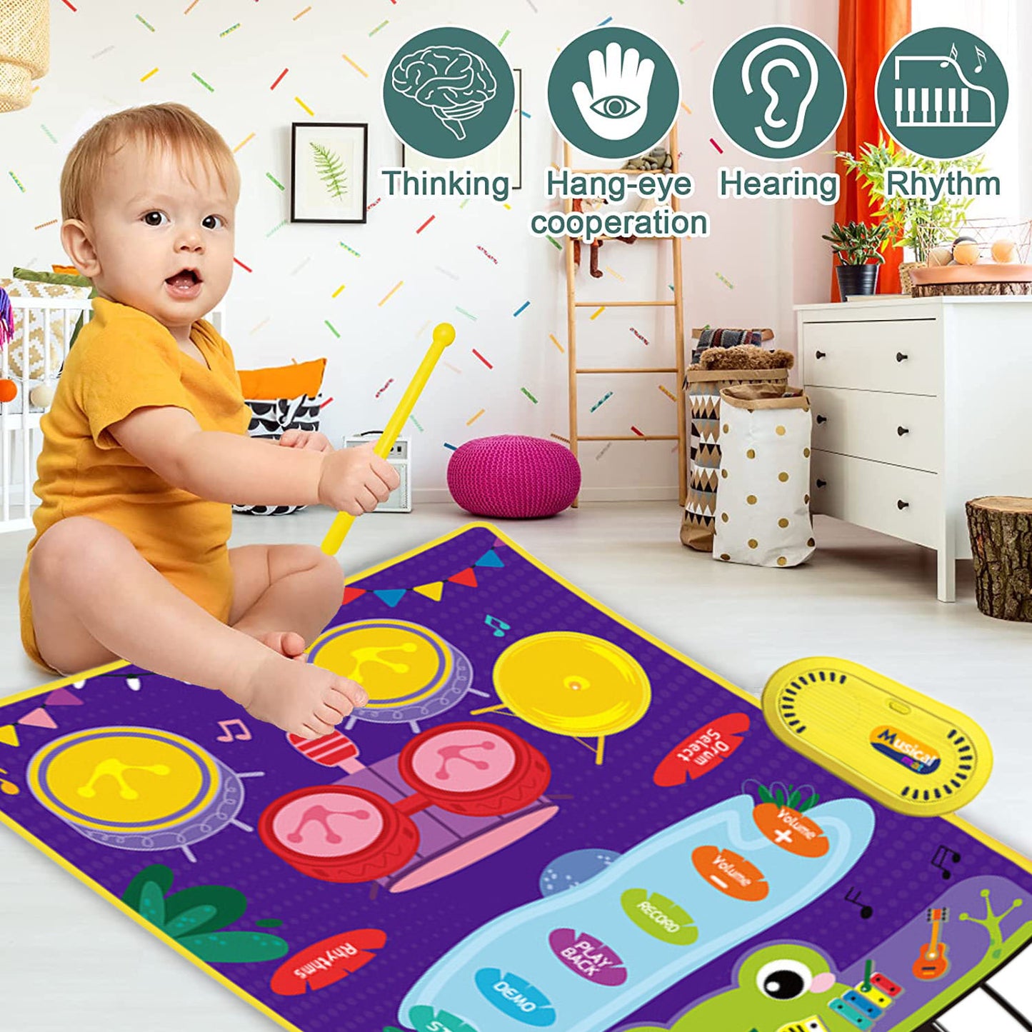 Style-Carry 2 in 1 Musical Mat for Toddlers 1-3, Piano Keyboard & Drum Mat, Musical Play Mat Toddler Toys Age 1-2, Baby Learning Toys for 1 Year Old Birthday Gifts for 1 2 3 Year Old Girls