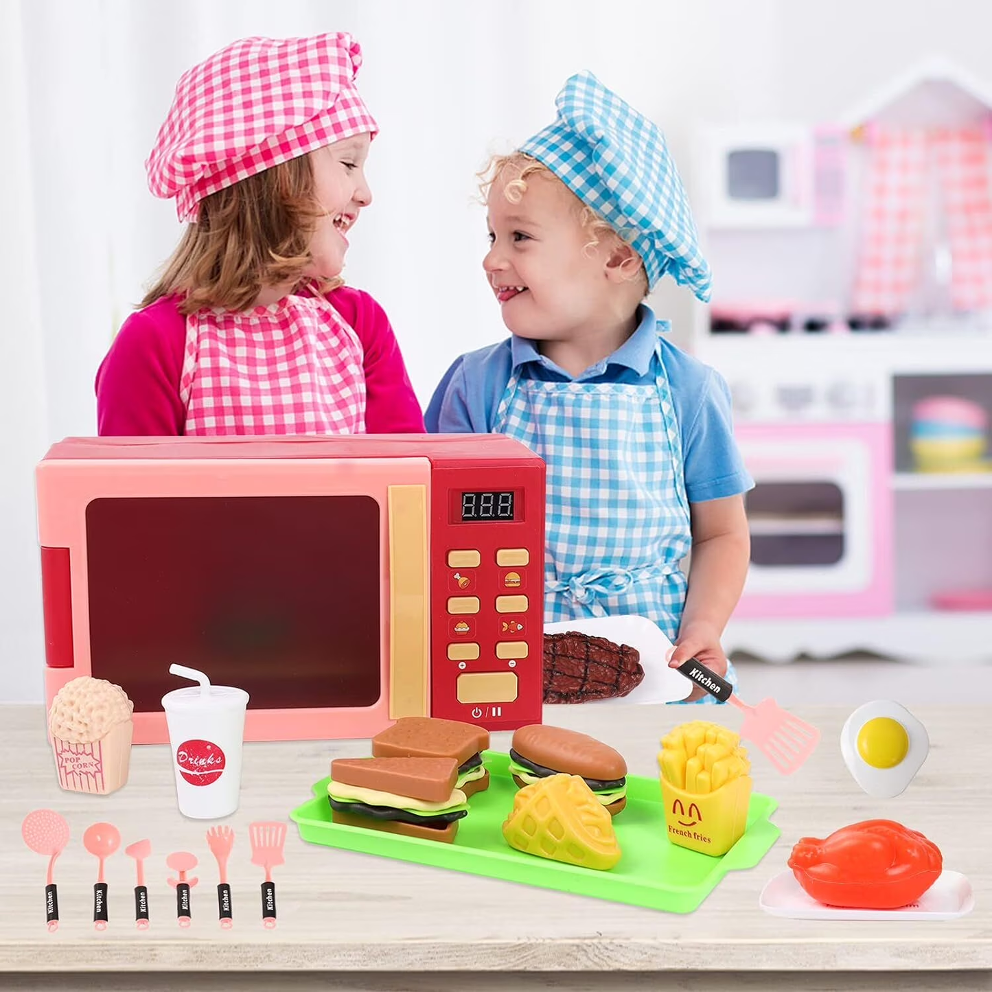 Kids Microwave Toy, Play Kitchen Accessories and Play Food for Toddlers 3-6 Year Old Girls Boys