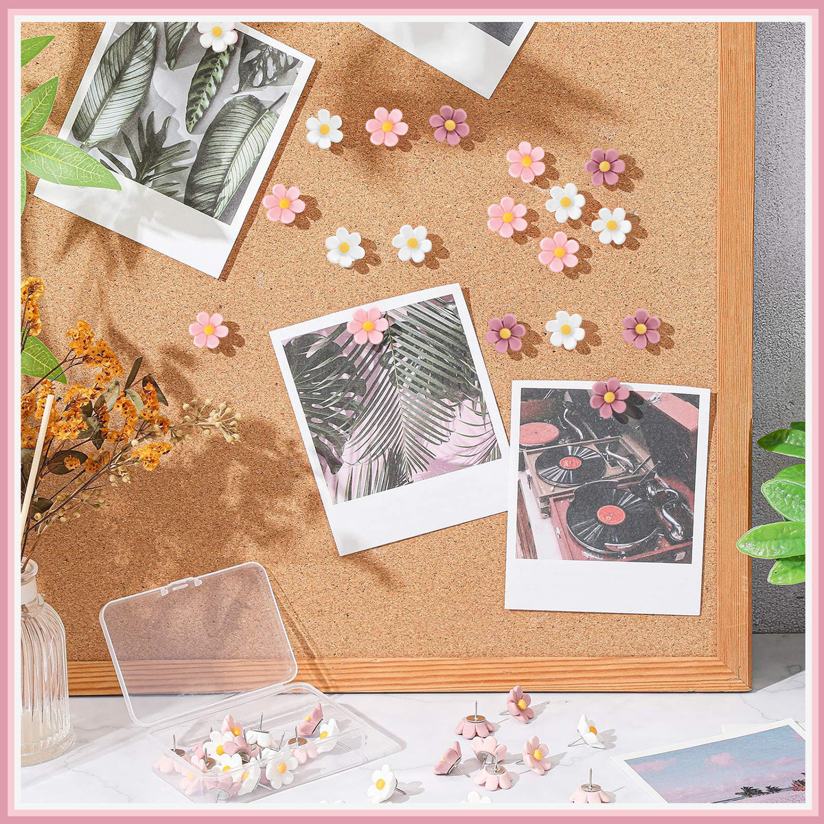 50 Pcs Boxed Pink White Flower Push Pins, Decorative Cute Wall Thumb Tacks for Cork Board, Bulletin Board, Hanging Photo Poster, Office Supplies