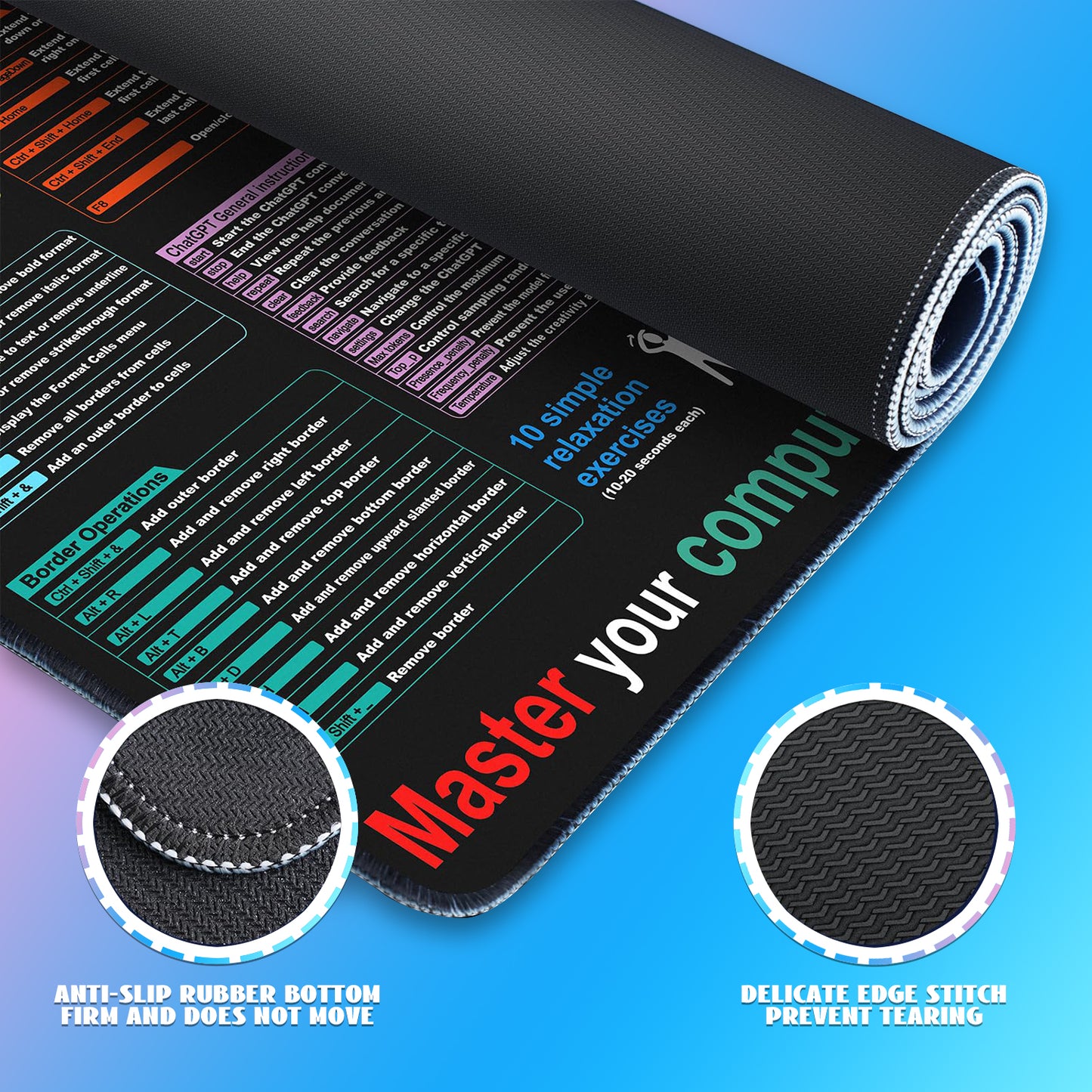 Excel Cheat Sheet Desk Mat, Large XL Waterproof Keyboard and Mouse Pad with Excel Shortcuts, Gaming Accessories for Computer Desk, 31.5×11.8 Inches