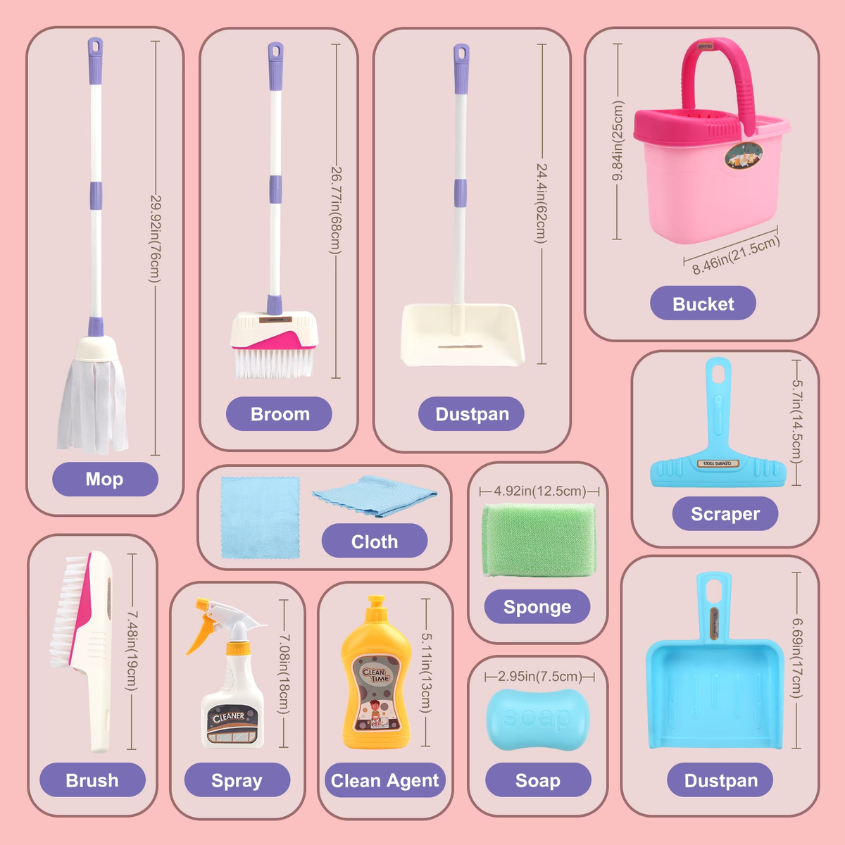 Cleaning Set for Kids, Mop Broom & Dustpan Set, Cleaning Tool Toys for 2-4 Year Old, Kitchen Cleaning Toy for Toddlers Birthday Christmas Gifts