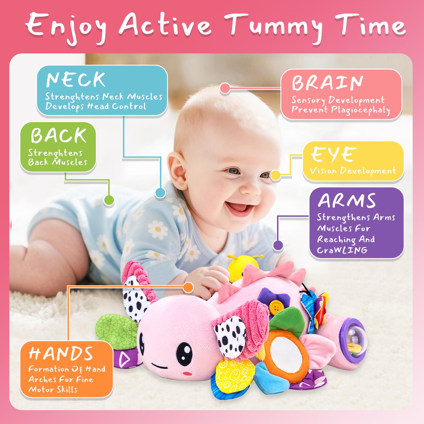 Baby Girls Toys 6-12 Months, Sensory Music Animal Stuffed Toy, Crinkle Mat Mirror & Teethers for Tummy Play Time, Crawling Toy for Infant 6-9-12 Months