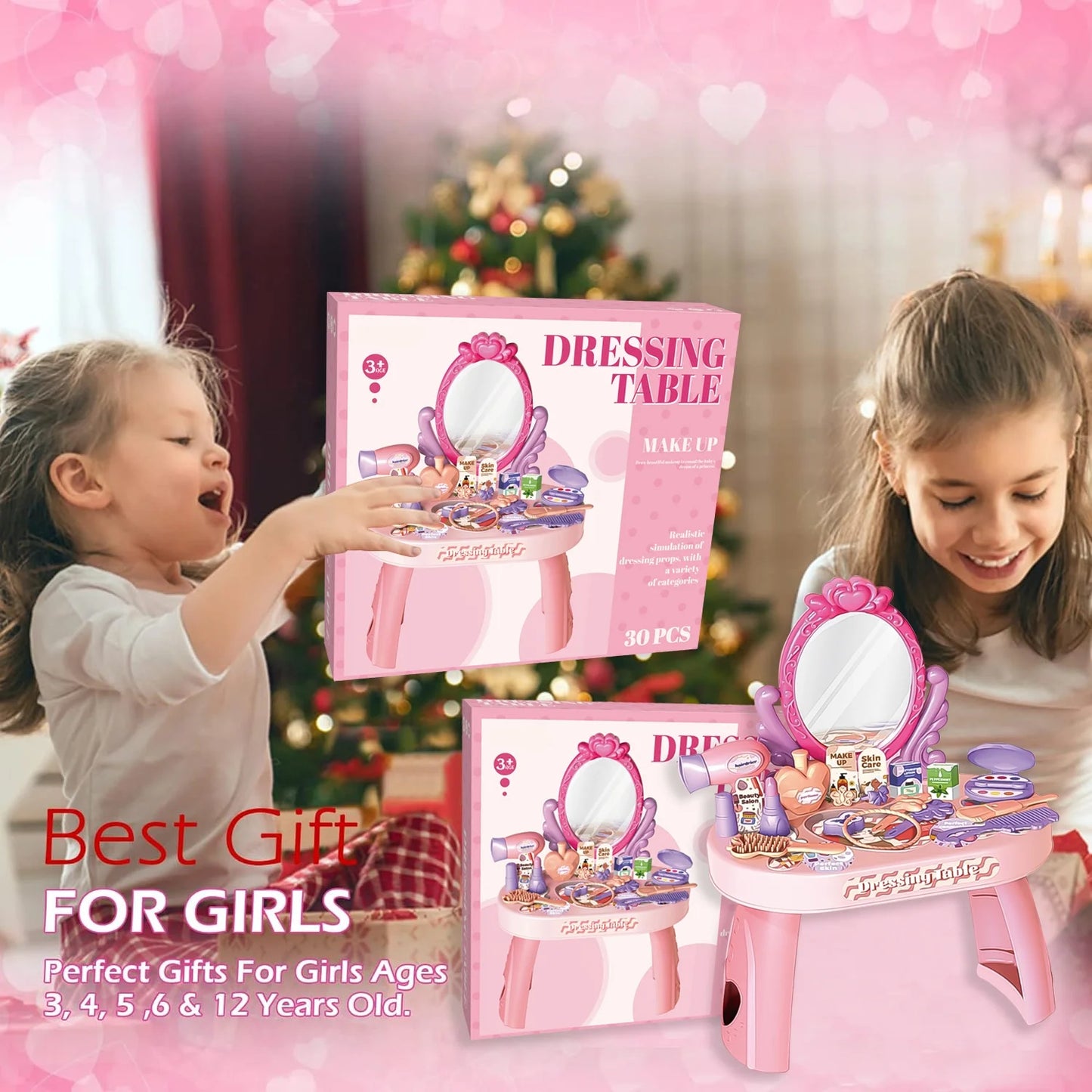 Pretend Play Girls Makeup Table Set, Toddler Girls Vanity Set Toy, Princess Toys for Little Girls Ages 3 4 5 6 7