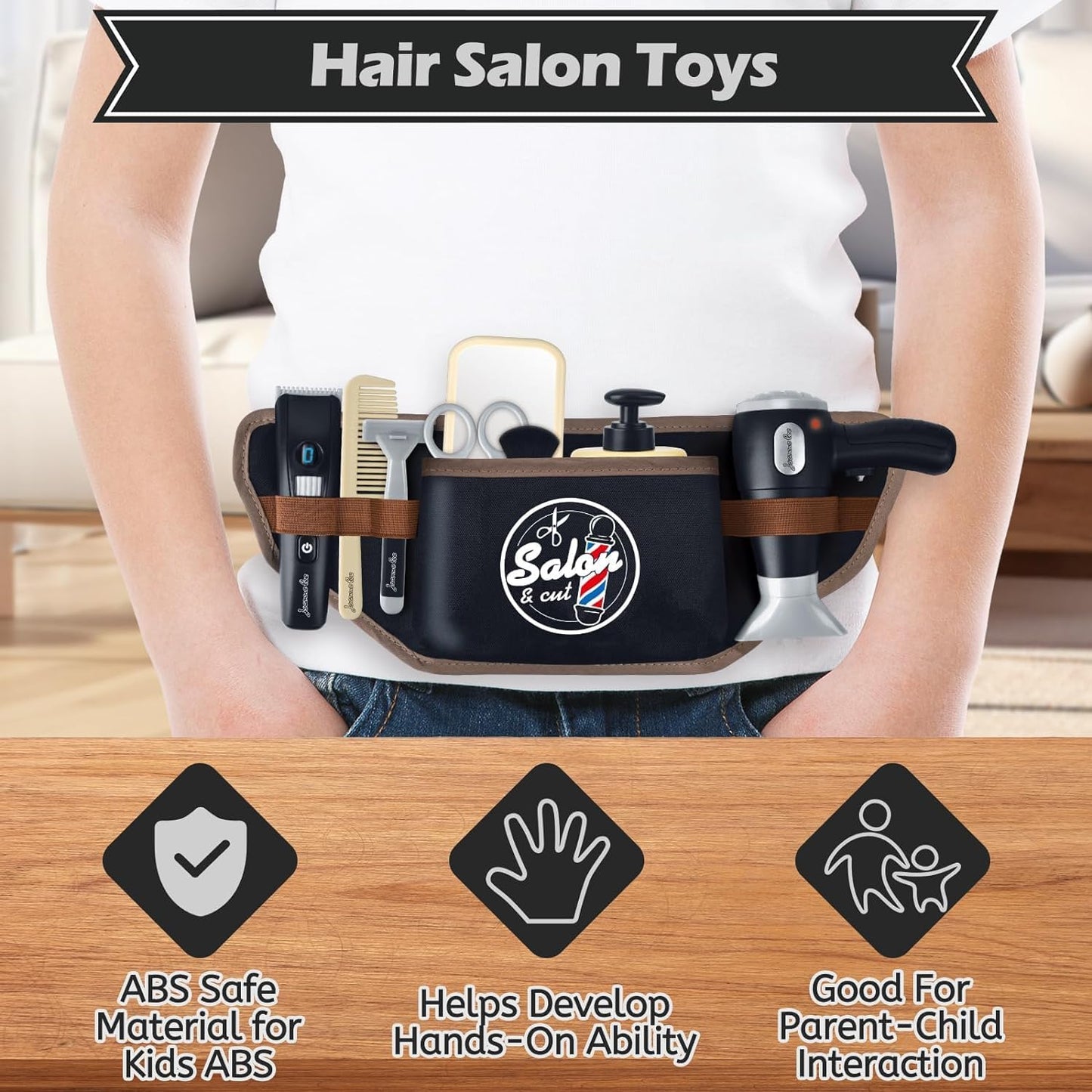 Hair Salon Toys for Boy 2-4 Year Old Gift, Pretend Play Hair Salon Stylist Toy Kit with Barber Apron, Hair Dryer, Mirror, Scissors and Styling Accessories