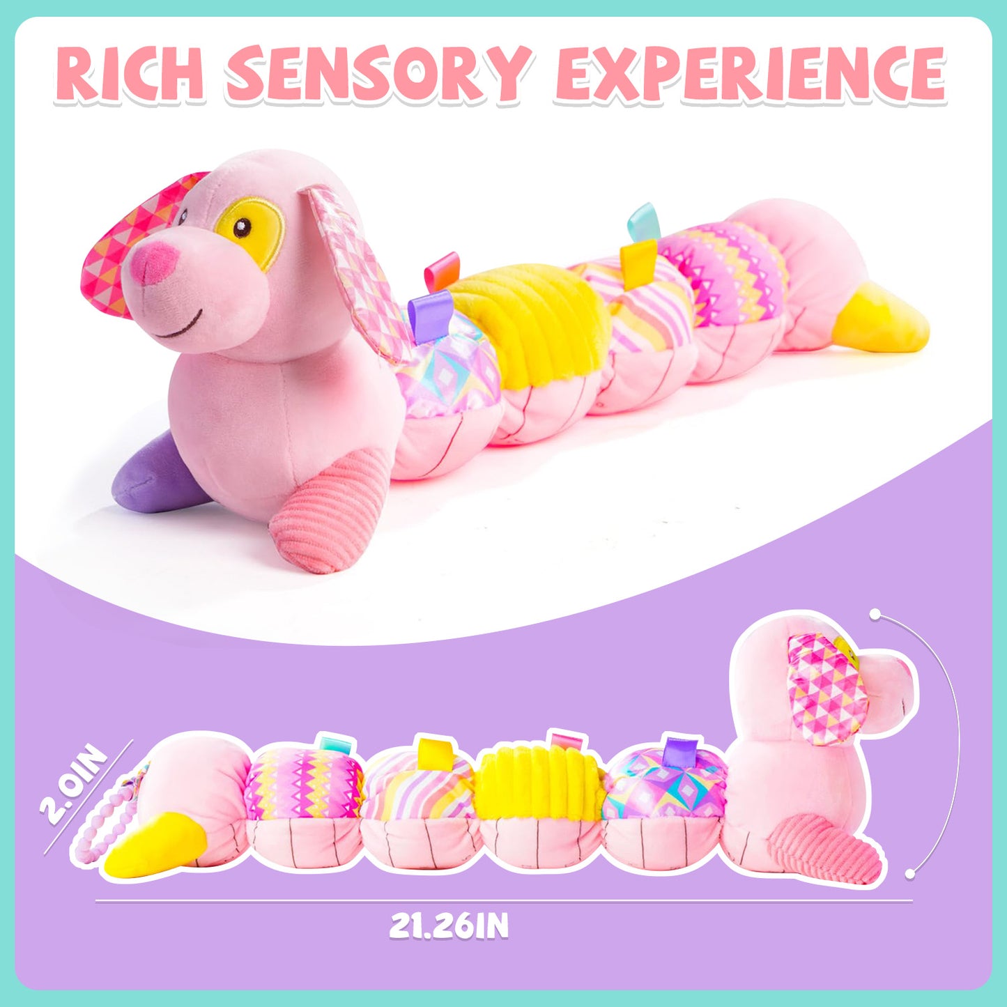 Baby Musical Stuffed Animal Toys 0-12 Months, Pink Puppy With Multi-Sensory Crinkle, Baby Newborn Toys for 0-2-4-6 Months Boys Girls, Plush Infant Sensory Toys Gift