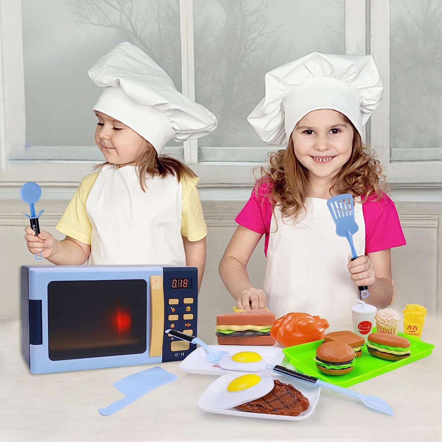 Style-Carry Kids Microwave Toy, Toy Kitchen Appliances, Play Kitchen Accessories and Play Food for Toddlers 3-8 Year Old Girls Boys (Blue)