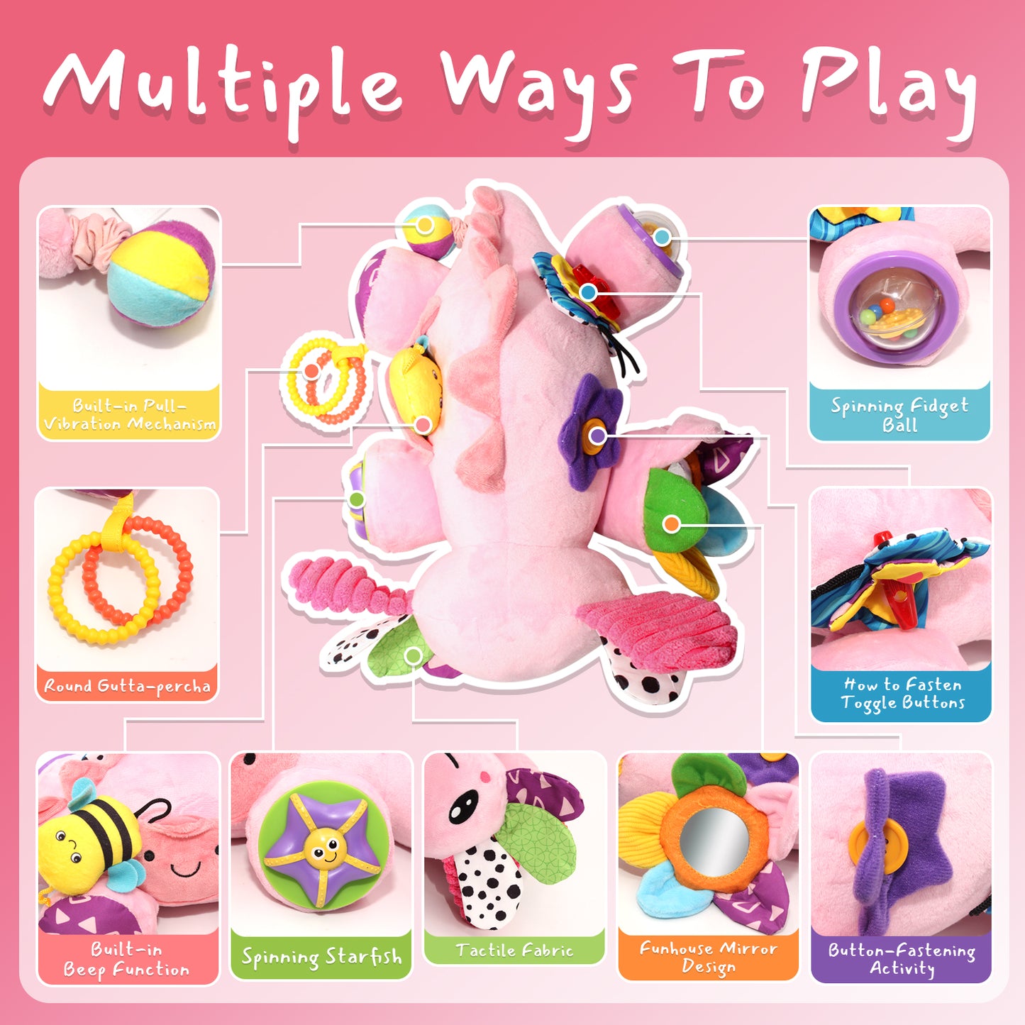 Baby Girls Toys 6-12 Months, Sensory Music Animal Stuffed Toy, Crinkle Mat Mirror & Teethers for Tummy Play Time, Crawling Toy for Infant 6-9-12 Months