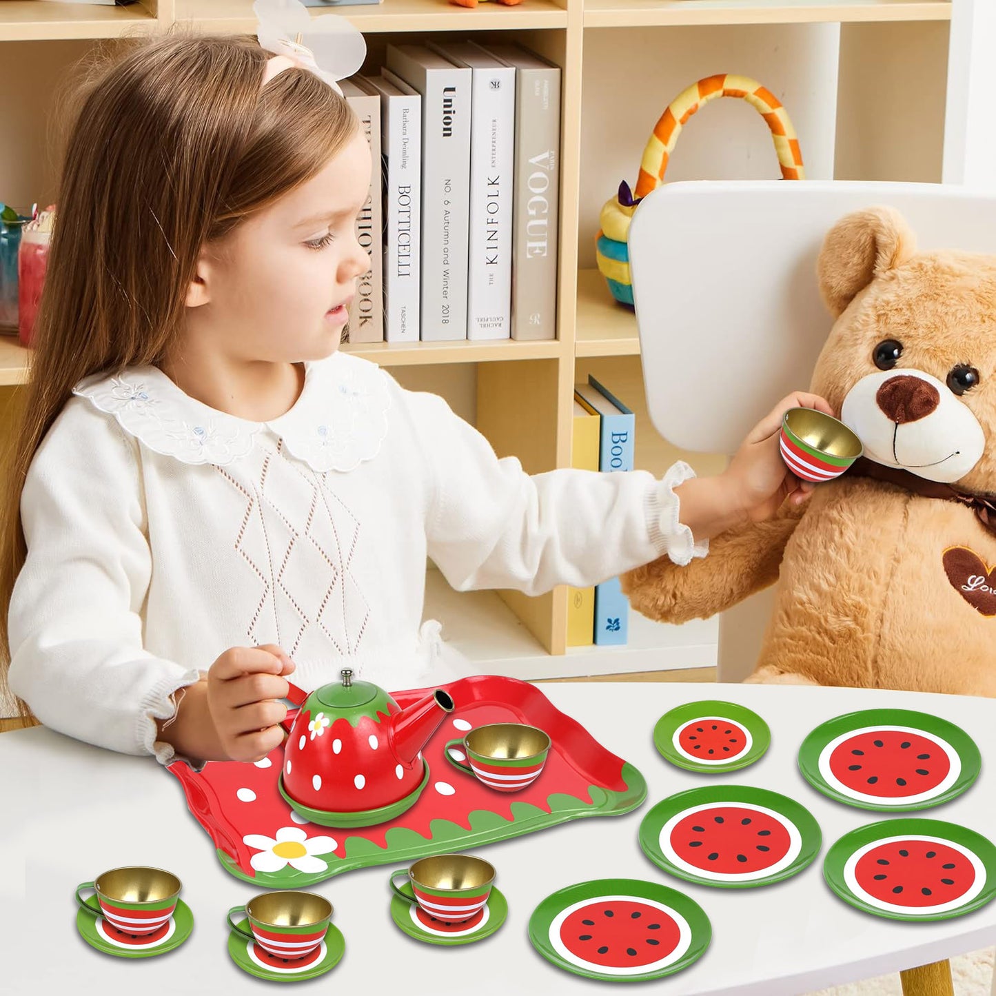 Style-Carry Kids Tea Set for Little Girls, Princess Tea Party Set for Toddlers Flower Design Toy Tea Set, Pretend Play Toys for Girls 3 4 5 6 Year Old Toddlers (Fruit)