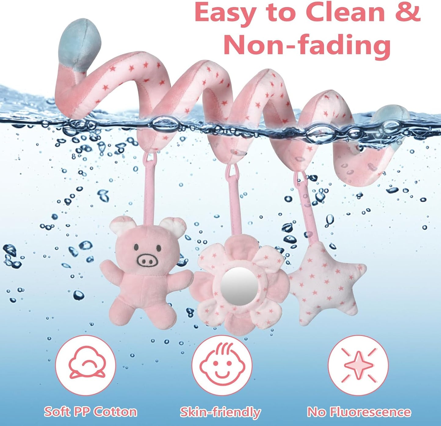 Car Seat Toys for Baby 0-6 Months, Pink Piggy Spiral Plush Toy for Crib Carseat with Mirror Rattles Baby Essentials