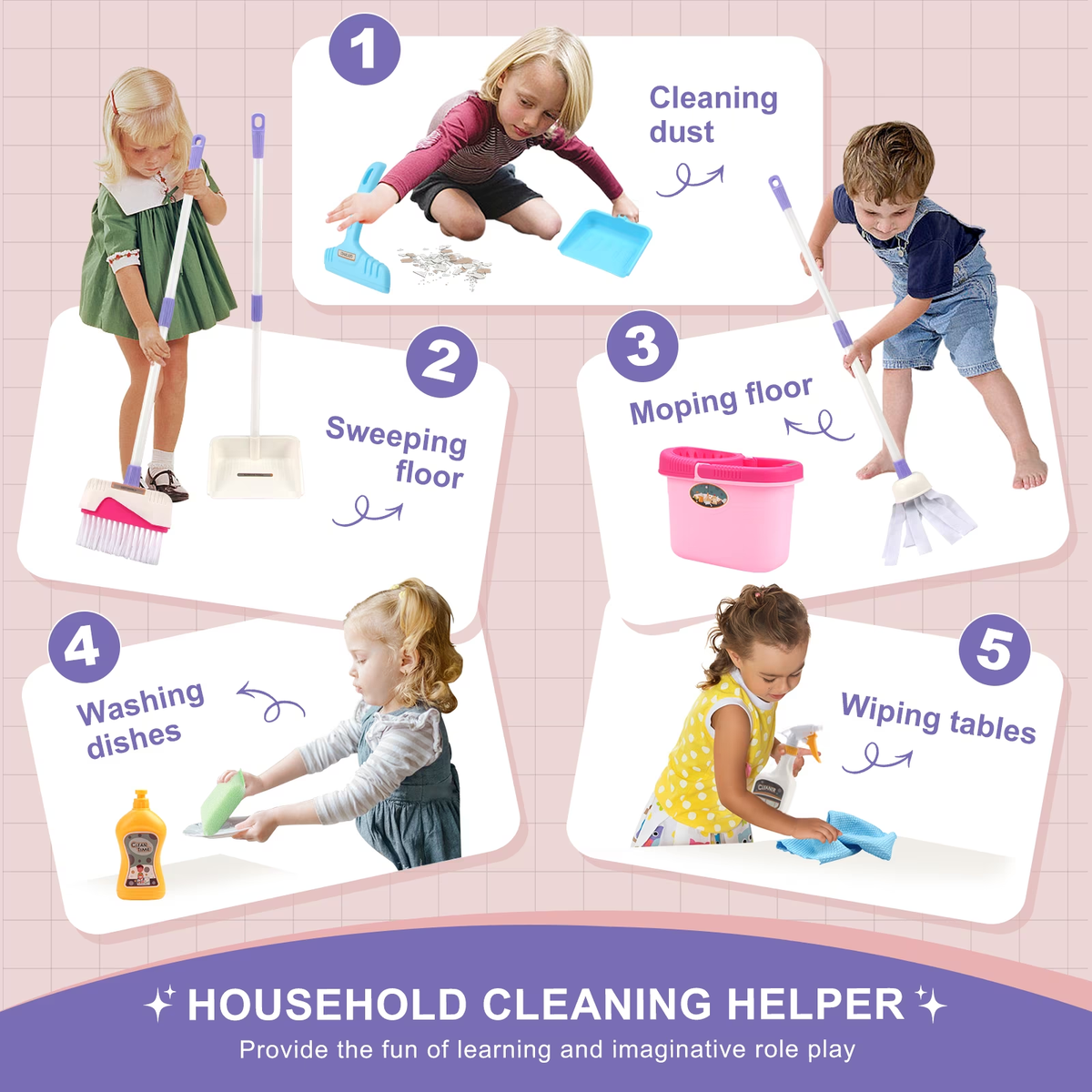 Cleaning Set for Kids, Mop Broom & Dustpan Set, Cleaning Tool Toys for 2-4 Year Old, Kitchen Cleaning Toy for Toddlers Birthday Christmas Gifts