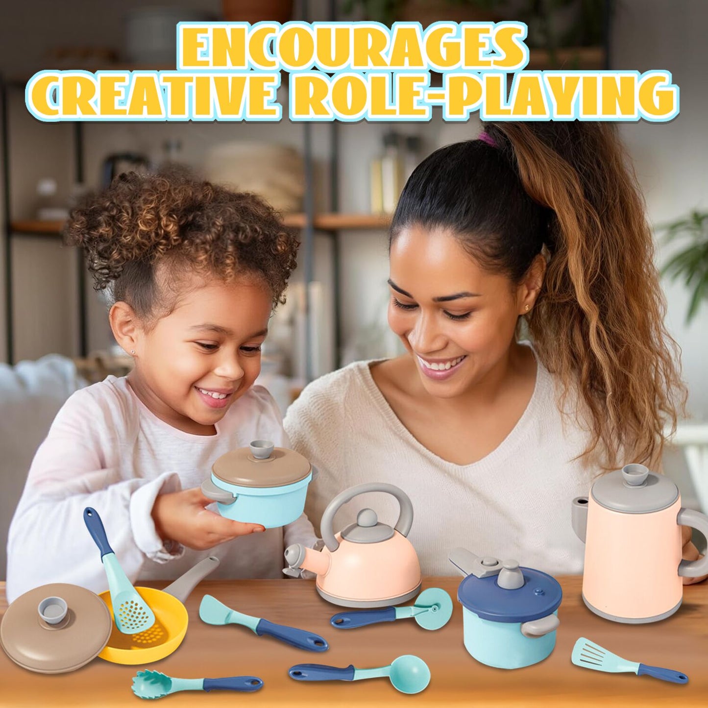 Kids Pretend Play Kitchen Accessories Toys Set, Cookware Pots and Pans Cooking Utensils Playset Toys for 2 3 4 5 6 Year Old Kids Girls Boys Toddlers