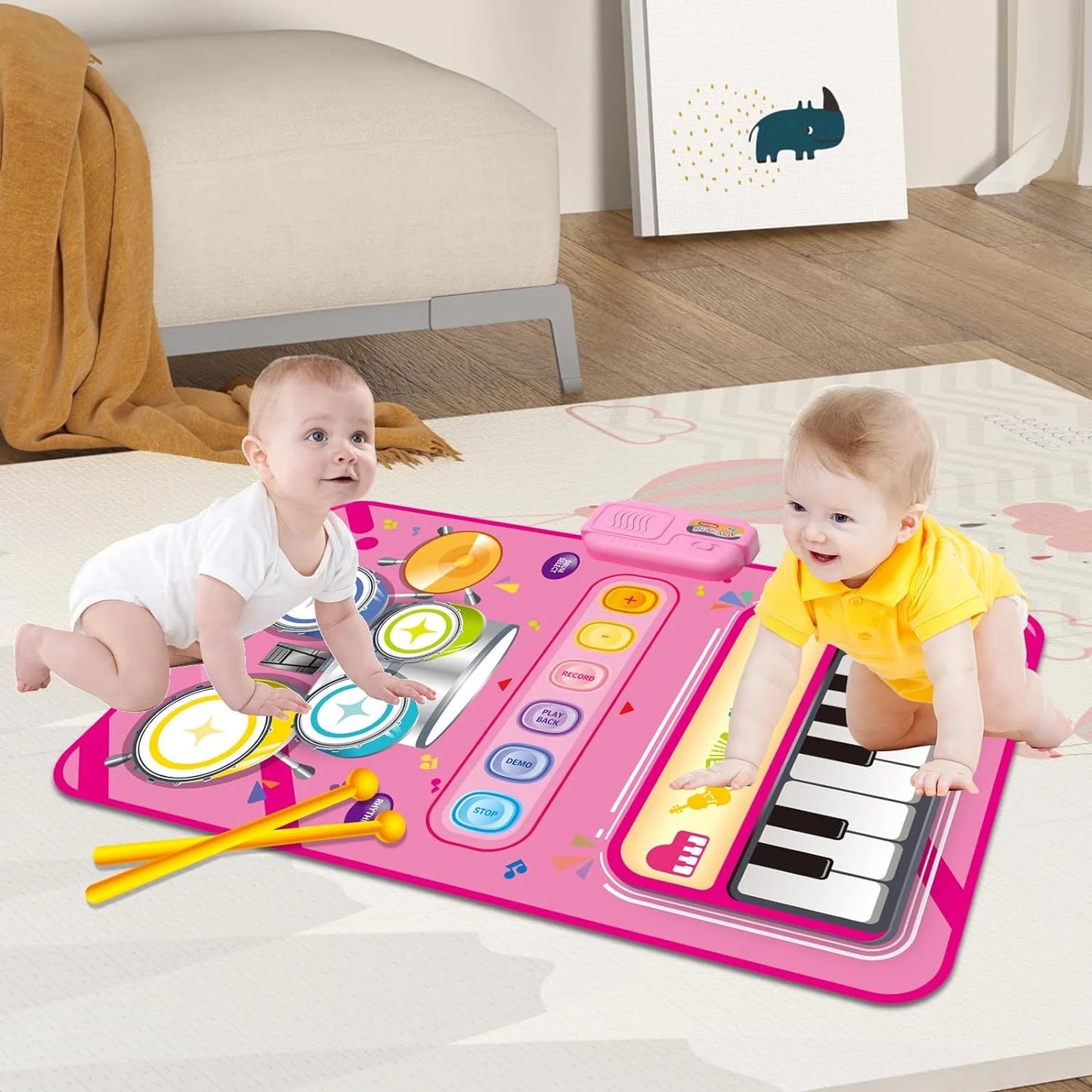 Style-Carry 1 Year Old Girl Toy, Piano Mat Baby Toys for 12 Months, 2 in 1 Toddler Music Mat with Keyboard & Drum, Early Educational Musical Toys, 2 Year Old Birthday Toy Gifts