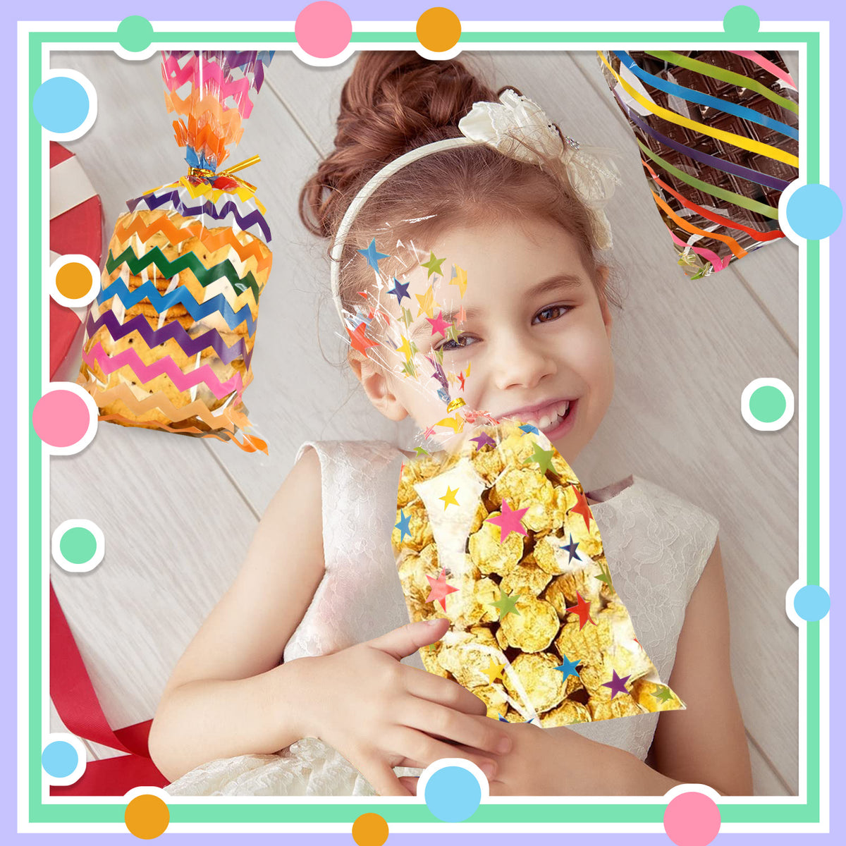 100 Pcs Transparent Rainbow Colors Cellophane Treat Bags with Gold Twist Ties, 10.6" x 4.9" Plastic Candy Cookie Snack Goodie Gift Bags for Party Favors