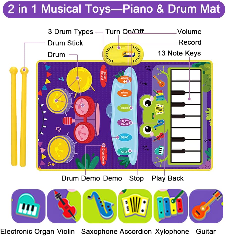 Style-Carry 2 in 1 Musical Mat for Toddlers 1-3, Piano Keyboard & Drum Mat, Musical Play Mat Toddler Toys Age 1-2, Baby Learning Toys for 1 Year Old Birthday Gifts for 1 2 3 Year Old Girls