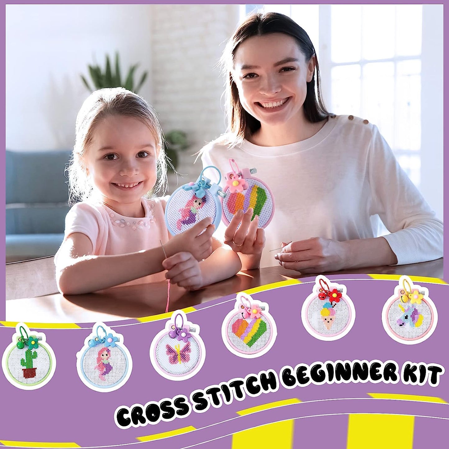Style-Carry 6 Pcs Cross Stitch Kits for Kids 6-12, Embroidery Kit, Stamped Cross Stitch Needlepoint Starter Kits for Backpack Charms, Ornaments and Needle Craft