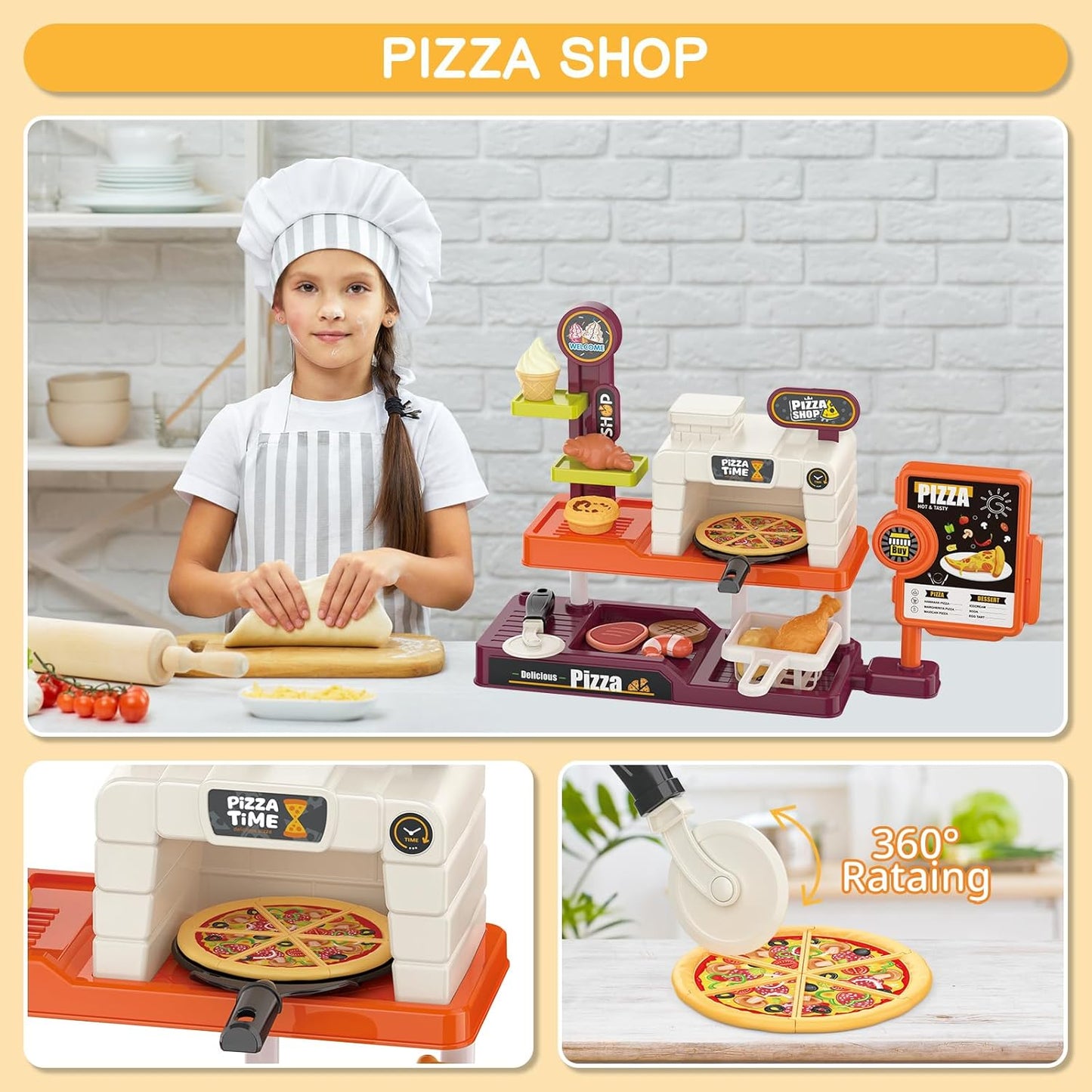 Style-Carry Pretend Play Pizza Store Toy for Kids, Pretend Play Food Accessories, Kitchen Cooking Playset, Gift for 3 4 5 6 7 Years Old Boys Girls