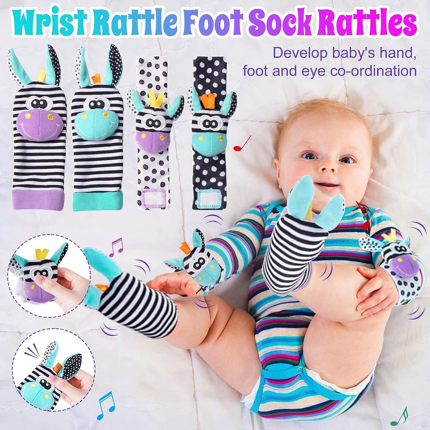 Baby Toys 6-12 Months - 15 PCS Teether Rattle Sensory Toy for 3-6 Month Baby Boy Girl Christmas Gifts Wrist Socks for Baby Shower Gift