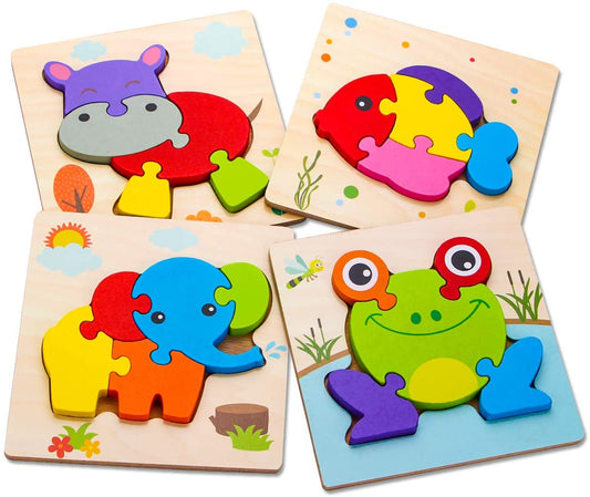 4 Pack Wooden Puzzles for Toddlers 2-4, Animals Jigsaw Puzzles, Montessori Educational Toys Gifts for 2-4 Years Old