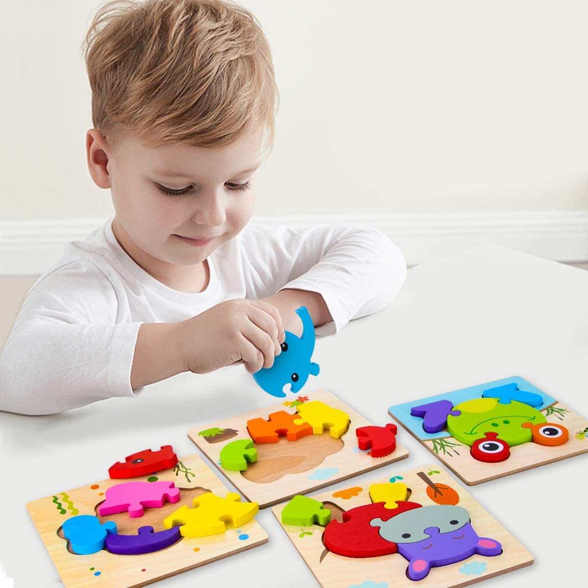 4 Pack Wooden Puzzles for Toddlers 2-4, Animals Jigsaw Puzzles, Montessori Educational Toys Gifts for 2-4 Years Old