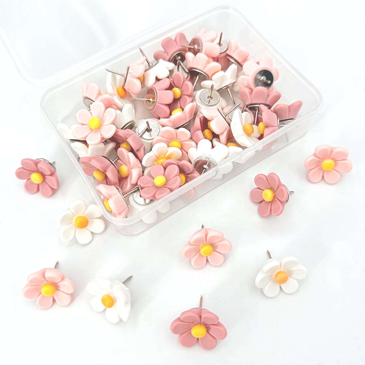 50 Pcs Boxed Pink White Flower Push Pins, Decorative Cute Wall Thumb T ...