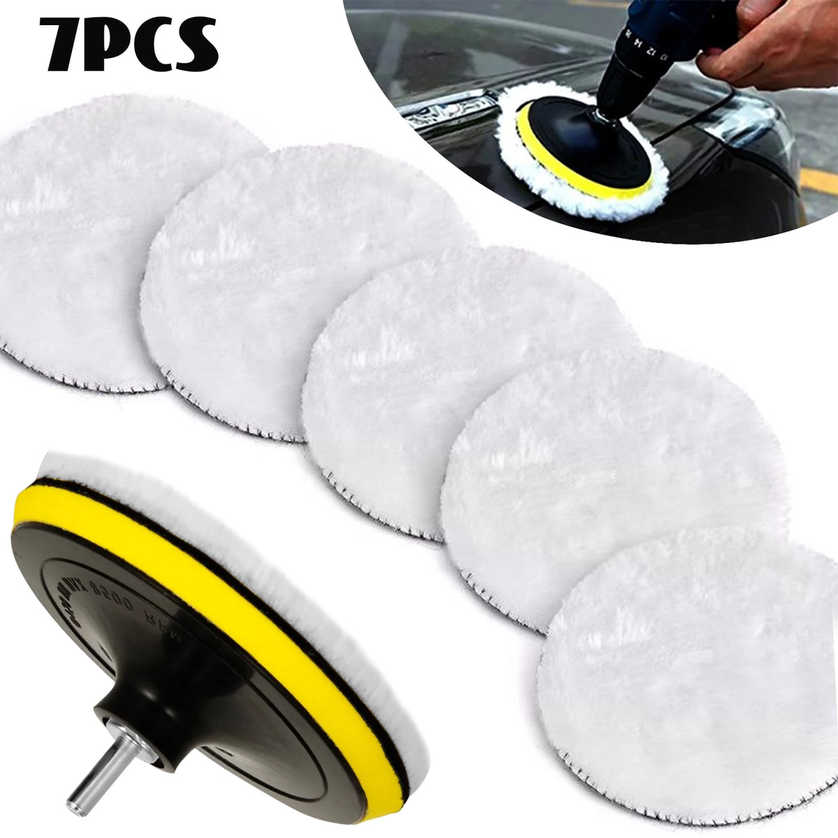 7 Pcs 5 inch Wool Polishing Buffing Pads with M14 Drill Adapter and Polishing Wheel for Drill Buffer Attachment