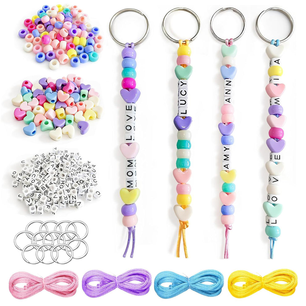 566 Pcs DIY Colorful Beaded Keychain Making Kit, Letter, Barrel, Heart ...