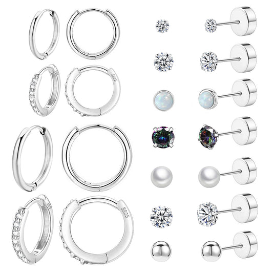 11 Pairs Surgical Steel Hoop and Flat Back Earrings Set, Piercing Cartilage Stainless Steel Titanium Stud Earrings for Women Men Adult (Silver)