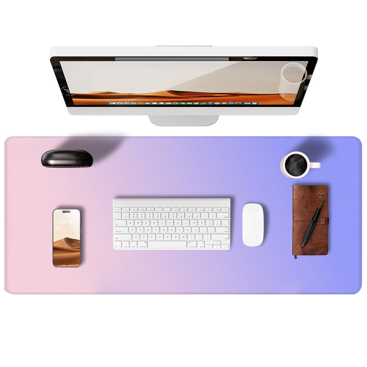 Large Desk Mat, Non-Slip Rubber Desk Pad Mat Protector for Mouse and Keyboard, Pink Purple Gradient Mousepad with Stitched Edges for Gaming and Office Desk Accessories, 31.5×11.8 Inches
