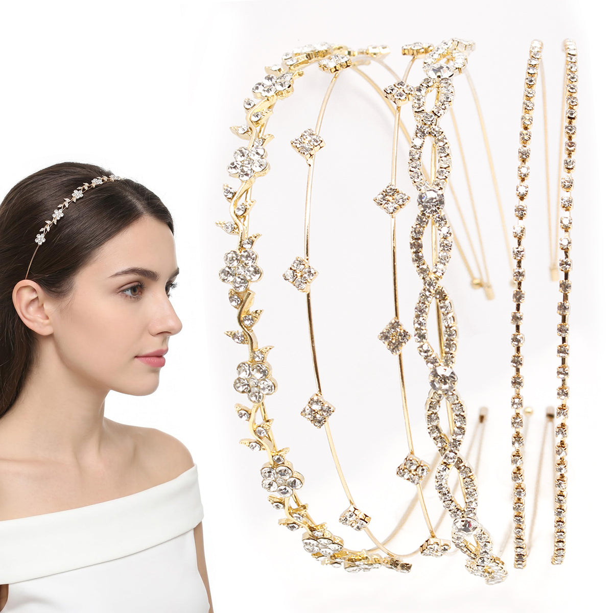 Style-Carry 4 Packs Gold Zircon Rhinestone Thin Headbands, Elegant Decorative Hair Bands for Women, Hair Accessories for Daily Makeup Wedding Prom Party
