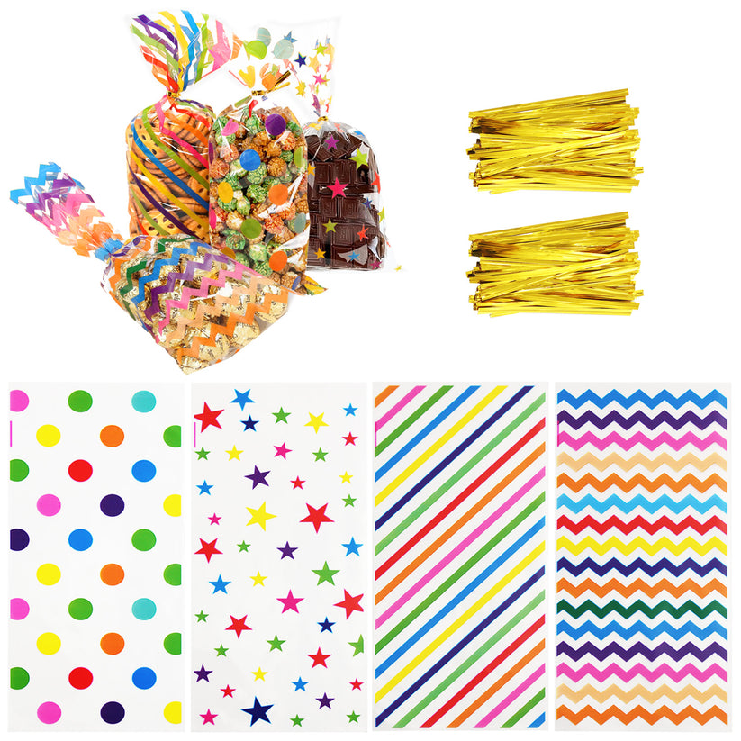 100 Pcs Transparent Rainbow Colors Cellophane Treat Bags with Gold Twi ...