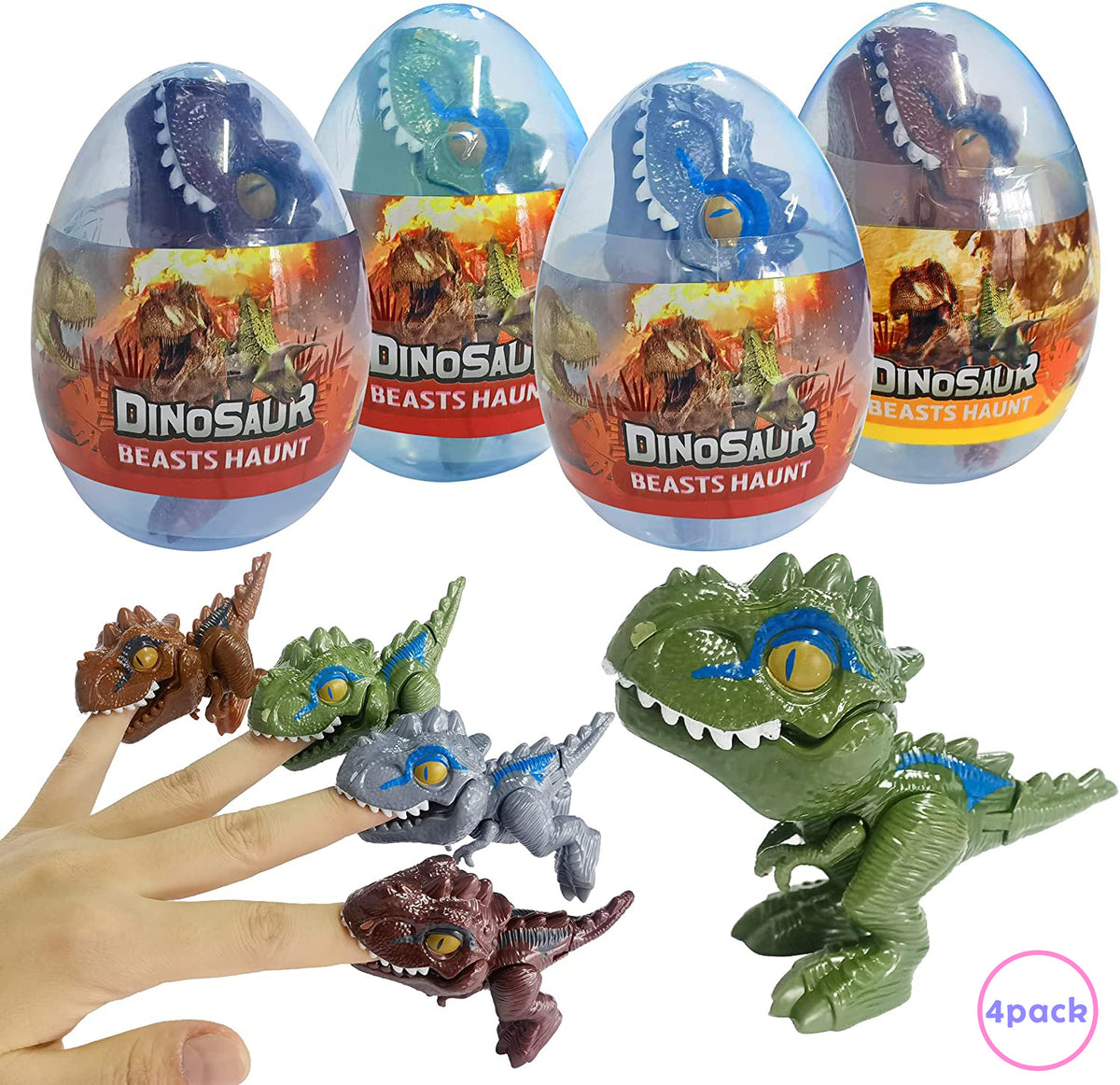 INvench 4Pcs Dinosaur Eggs Toys for Kids,Biting Fingers Tyrannosaurus Dinosaur Figure Toys Easter Eggs Party Favors
