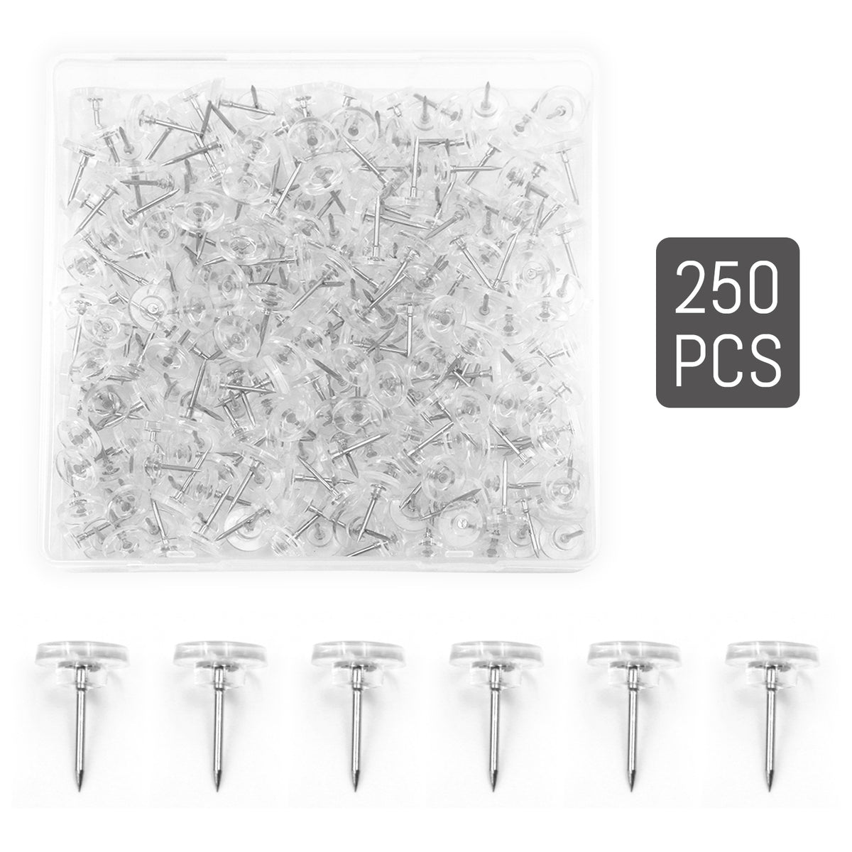 Style-Carry 250 PCS Clear Plastic Flat Top Push Pins, Transparent Round Head Steel Thumb Tacks for Cork Board Photo Wall Hanging Office Home Decor and Office Organization