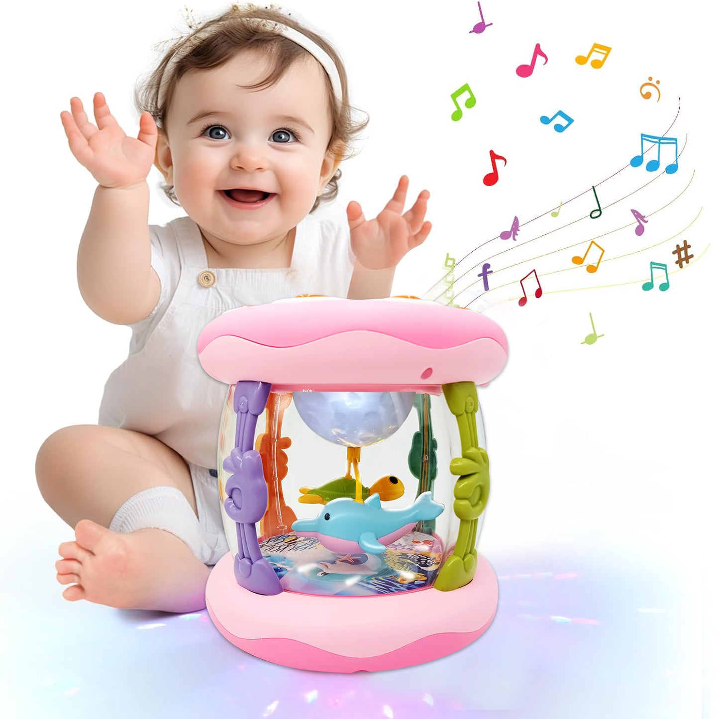 Toys for 1 Year Old Baby Girls, Ocean Rotating Light Up Musical Toy for Toddlers 1-3, Learning Toys for 1 2 3 Year Old Girls Boys (Pink)