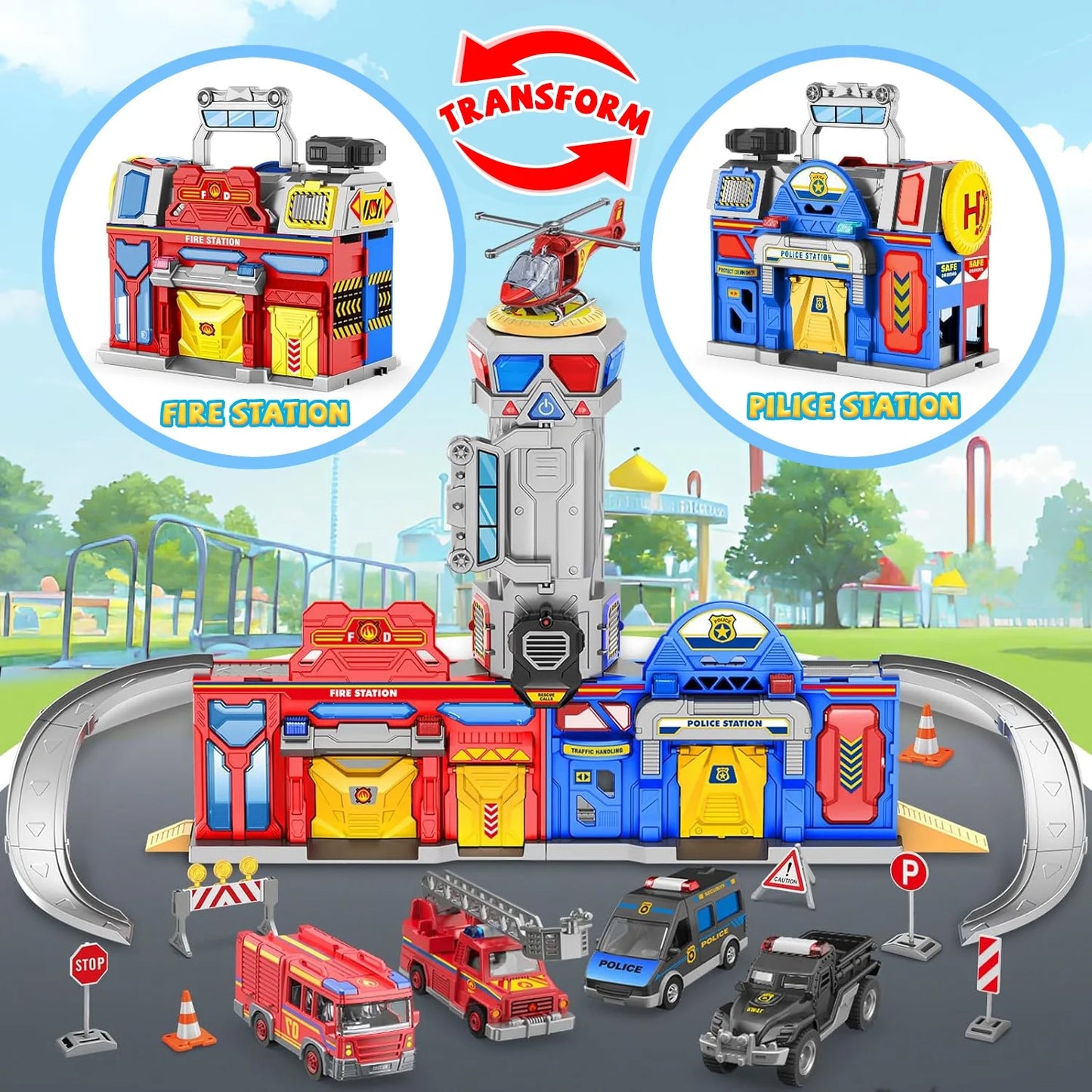 Toddler Toy for 5 Year Old Boys, Police & Fire Station Transform Track Toy with 4 Cars, Birthday Gifts Boys Toys Ages 3-5, 5-7