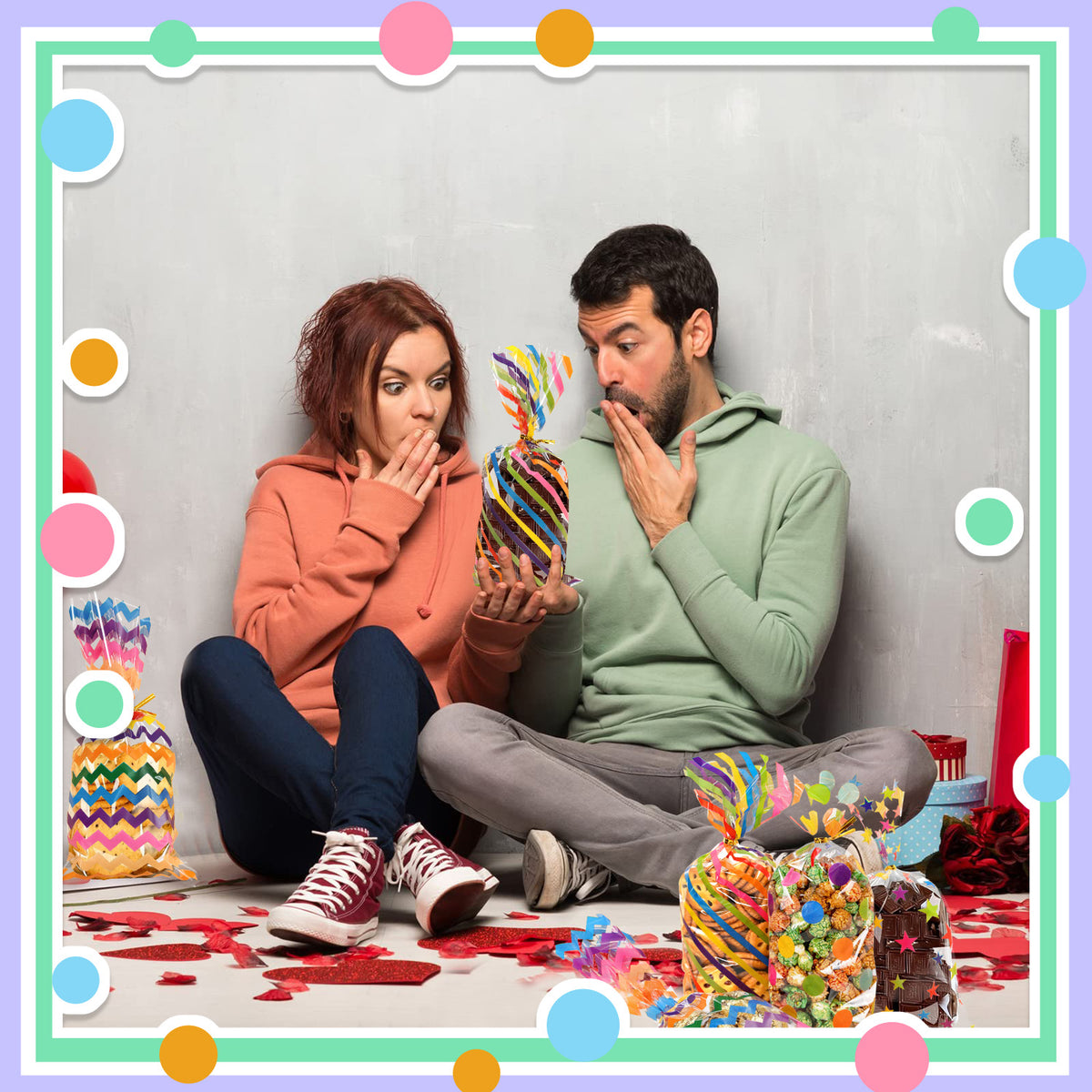 100 Pcs Transparent Rainbow Colors Cellophane Treat Bags with Gold Twist Ties, 10.6" x 4.9" Plastic Candy Cookie Snack Goodie Gift Bags for Party Favors