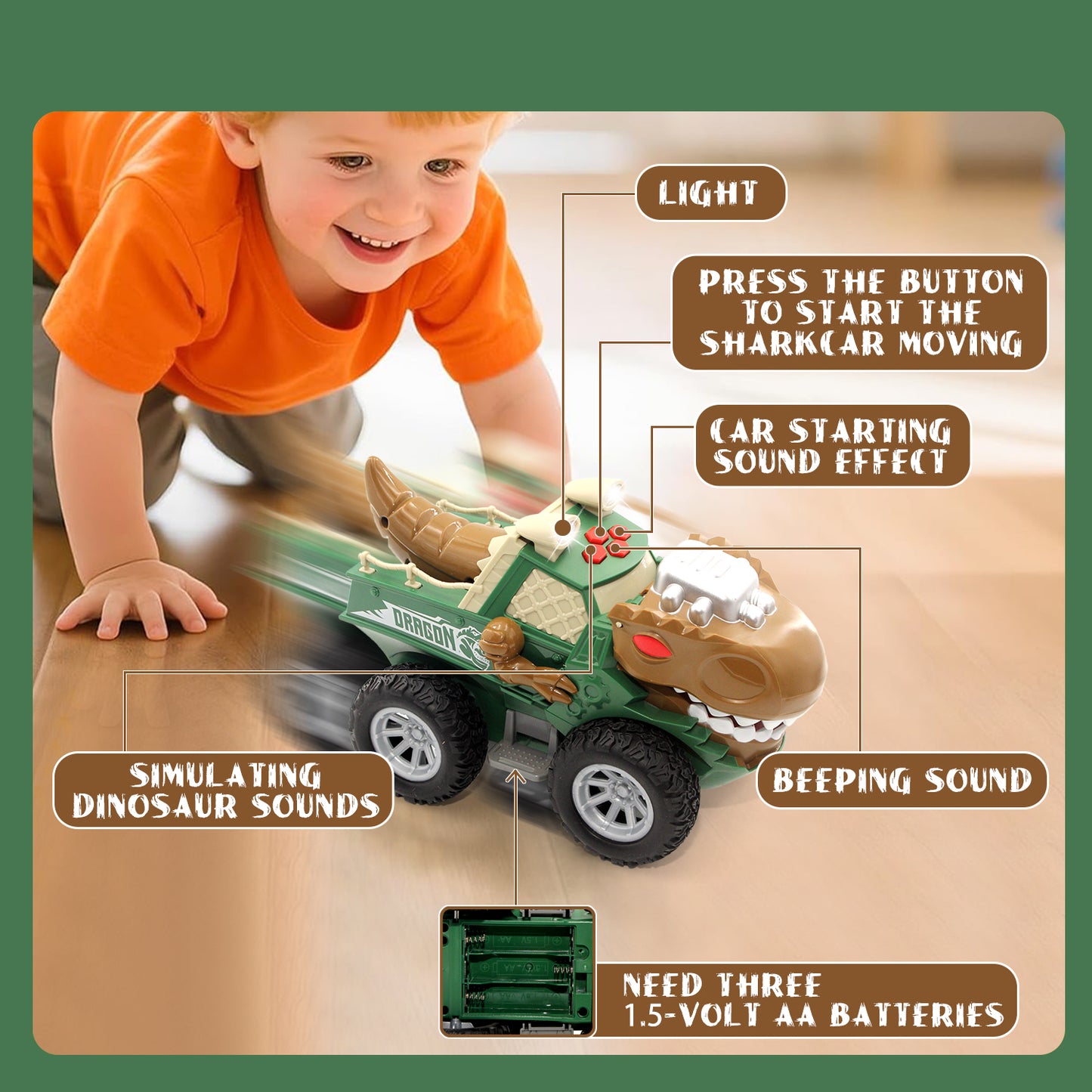 Dinosaur Truck Toy, Car Toys for Boy 3-6 Years, Lights Up Toy Truck for Toddlers 3 4 5 6 Years Old, Birthday Gift for Kids