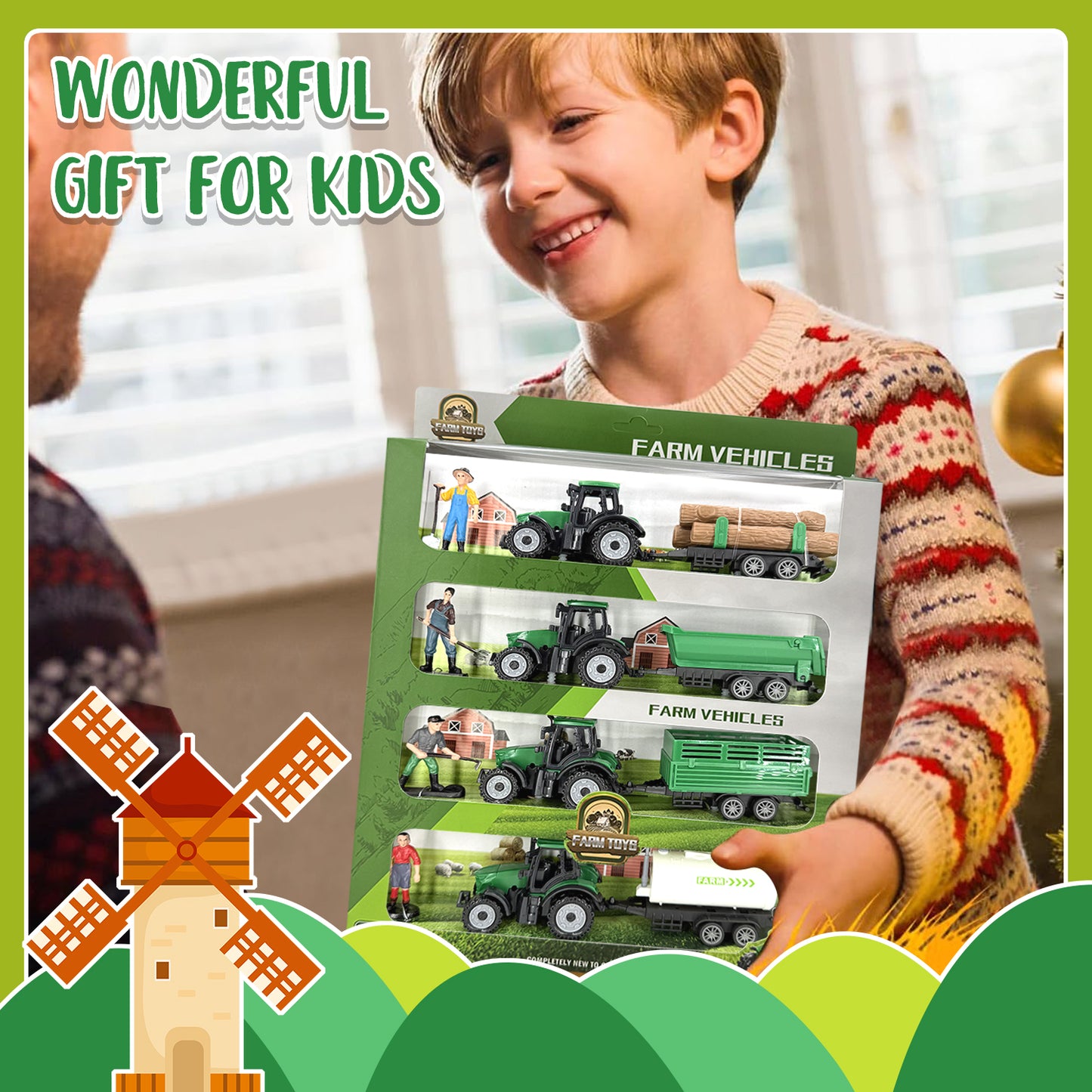 4 Pcs Farm Tractor Toy, Toddlers Farm Toys Tractor Vehicles with Trailer, Truck Toys for Kids 3-6 Years Old, Birthday Gift & Party Favors