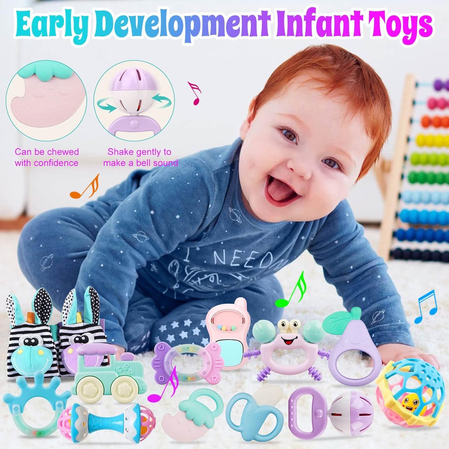 Baby Toys 6-12 Months - 15 PCS Teether Rattle Sensory Toy for 3-6 Month Baby Boy Girl Christmas Gifts Wrist Socks for Baby Shower Gift
