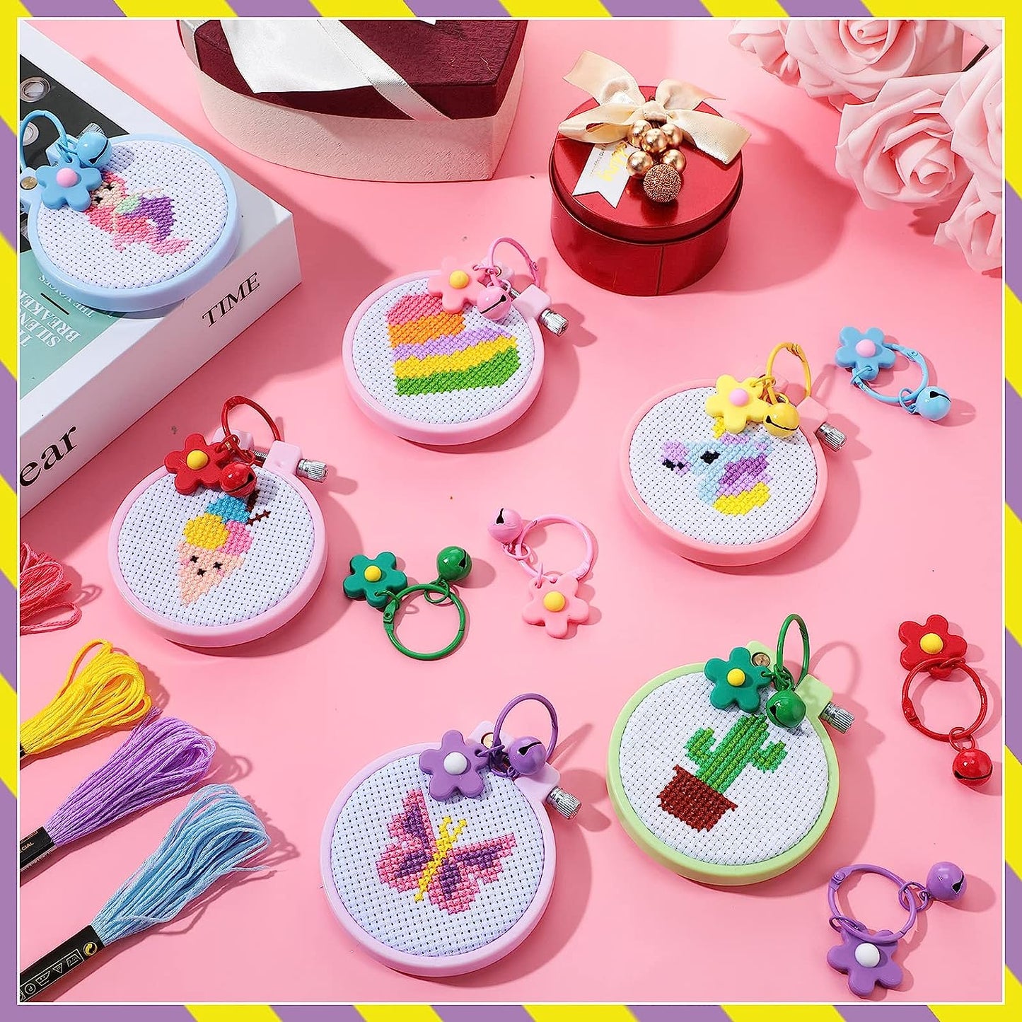 Style-Carry 6 Pcs Cross Stitch Kits for Kids 6-12, Embroidery Kit, Stamped Cross Stitch Needlepoint Starter Kits for Backpack Charms, Ornaments and Needle Craft