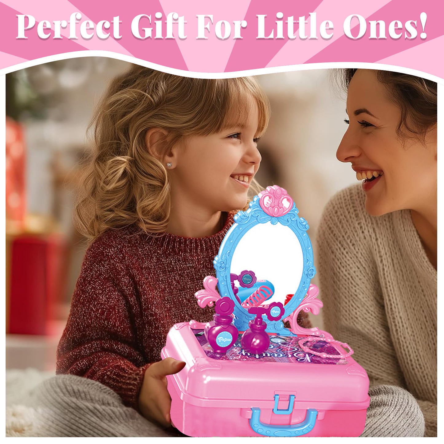Pretend Play Toys for Toddler Girls Kids Makeup Vanity Set Toddler Toys Ages 2 3 4 5 6, Little Princess Portable Toddler Vanity Set Toys for Girls 3-6 Years