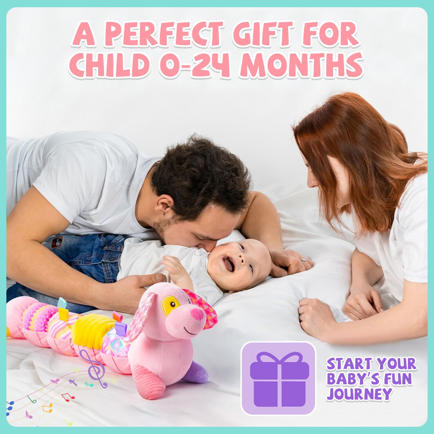 Baby Musical Stuffed Animal Toys 0-12 Months, Pink Puppy With Multi-Sensory Crinkle, Baby Newborn Toys for 0-2-4-6 Months Boys Girls, Plush Infant Sensory Toys Gift