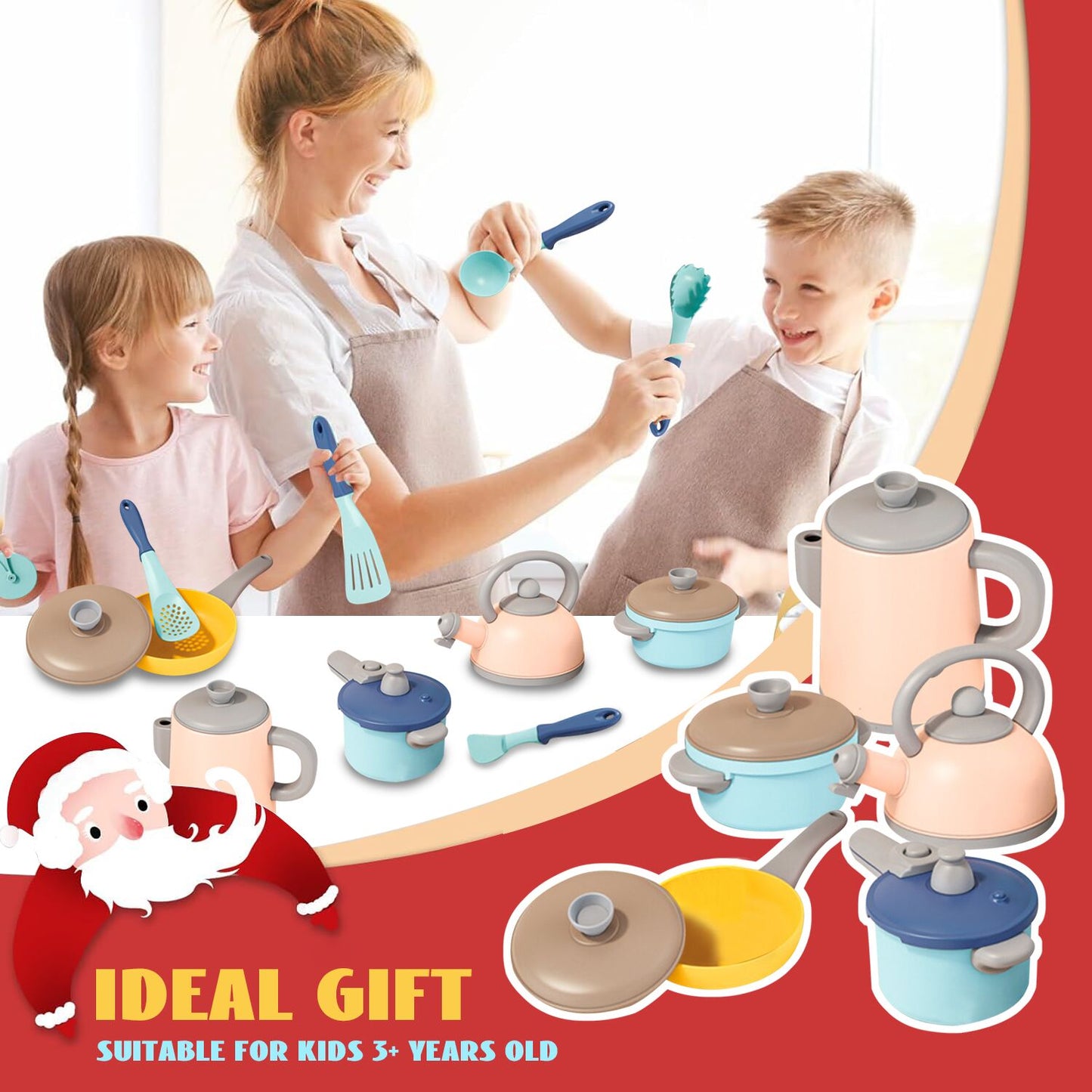 Kids Pretend Play Kitchen Accessories Toys Set, Cookware Pots and Pans Cooking Utensils Playset Toys for 2 3 4 5 6 Year Old Kids Girls Boys Toddlers