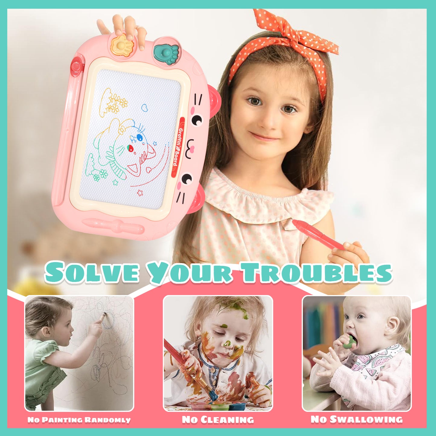 Drawing Doodle Board Toys - Learning Toys for 1 2 3 Year Old Girls - Educational Toys for Toddlers 1-3 (Pink)