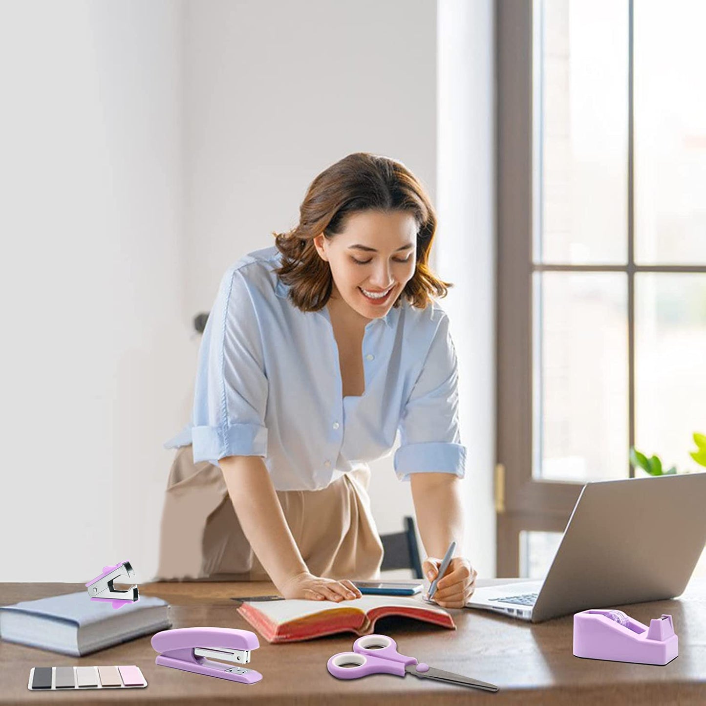 Office Supplies Set, Desk Organizers and Accessories Kit with Staple Remover, Stapler, Tape Dispenser, Staples, Clips, Scissor and Tabs Supplies