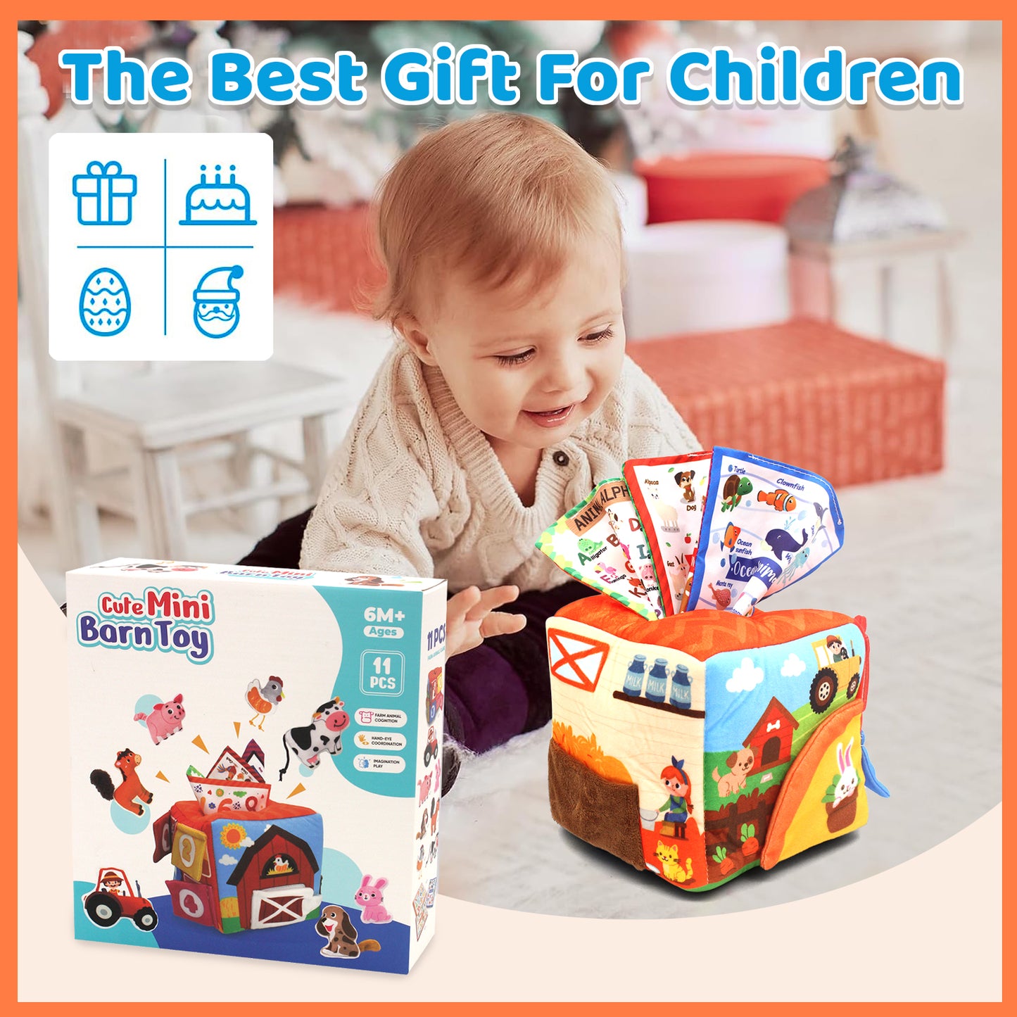 Baby Toys 6-12 Months, Soft Barn Toy with Stuffed Farm Animals, Montessori Toy for 1 Year Girls Boys, Toddlers Learning Toy